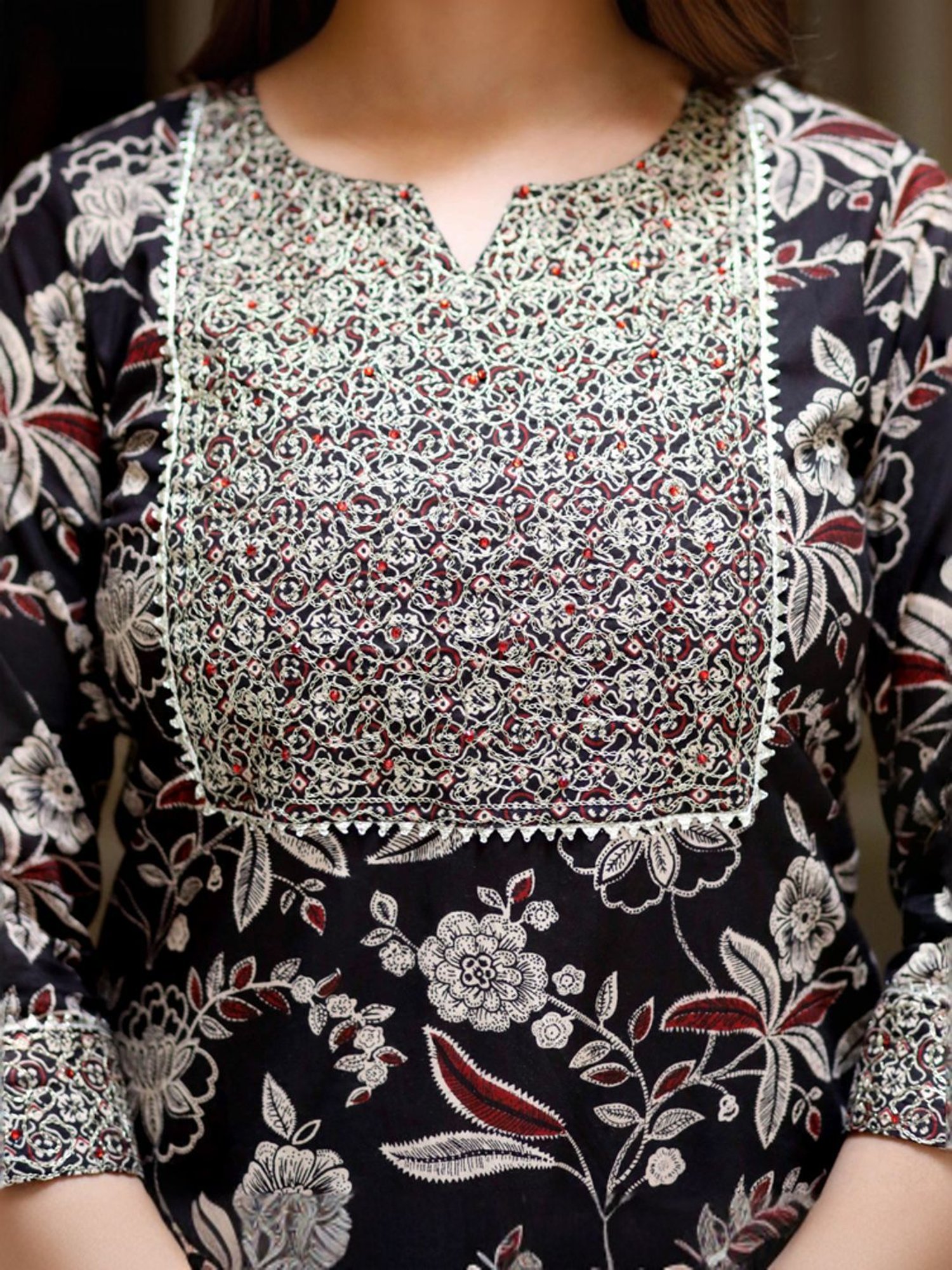 Miravan Black Cotton Embroidered Kurta Palazzo Set With Dupatta