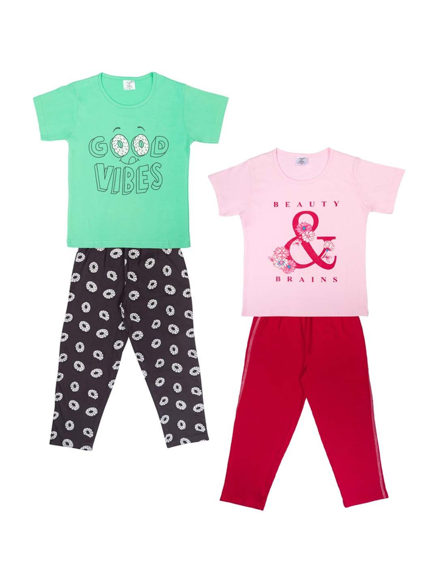 Todd N Teen Kids Pista Green & Soft Pink Cotton Printed T-Shirt & Pyjamas - Pack of 2