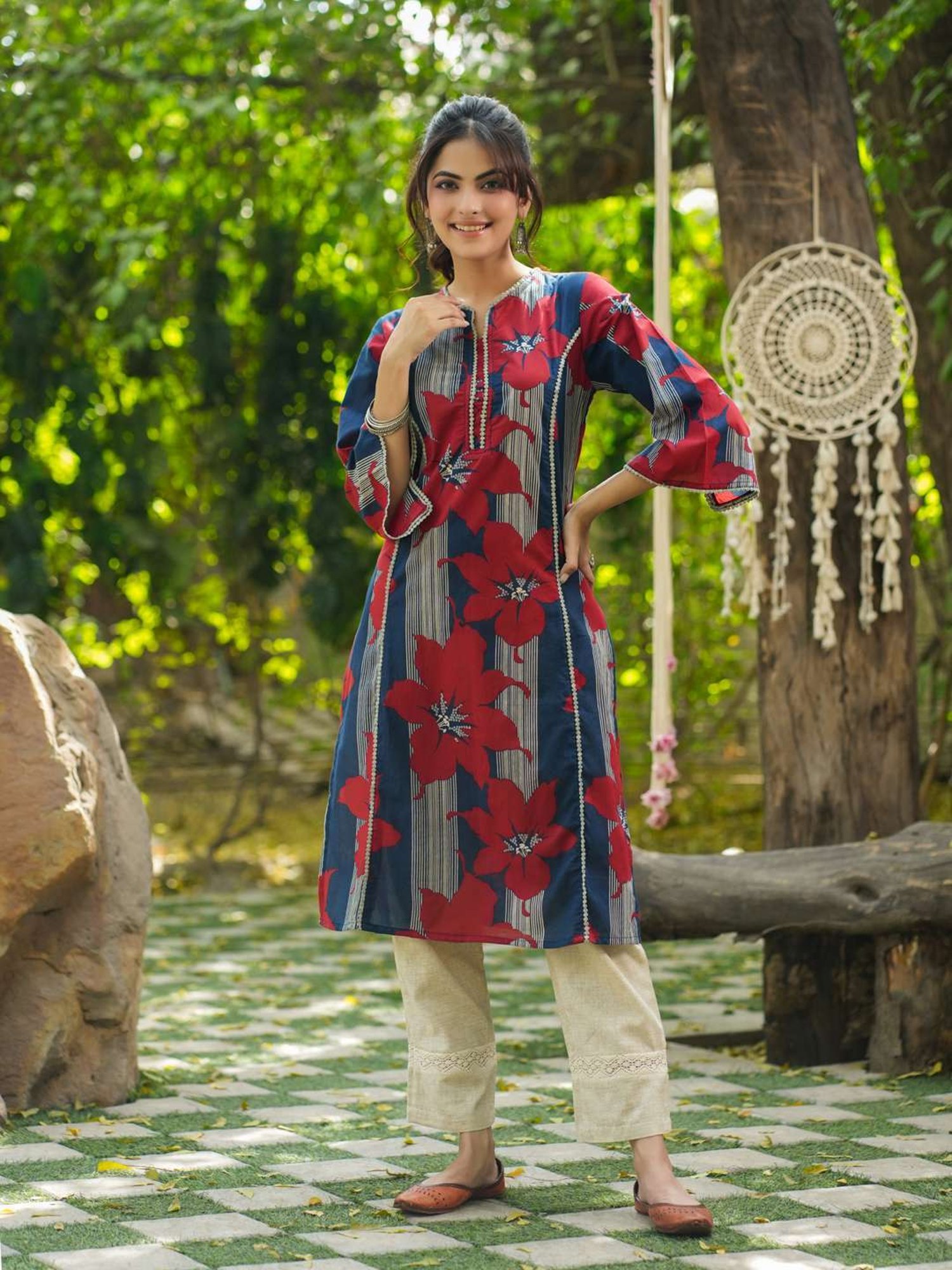 Rain and Rainbow Blue & Red Cotton Floral Print A Line Kurta