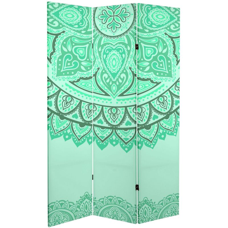 6" Double Sided Gold and Green Mandalas Canvas Room Divider - Oriental Furniture