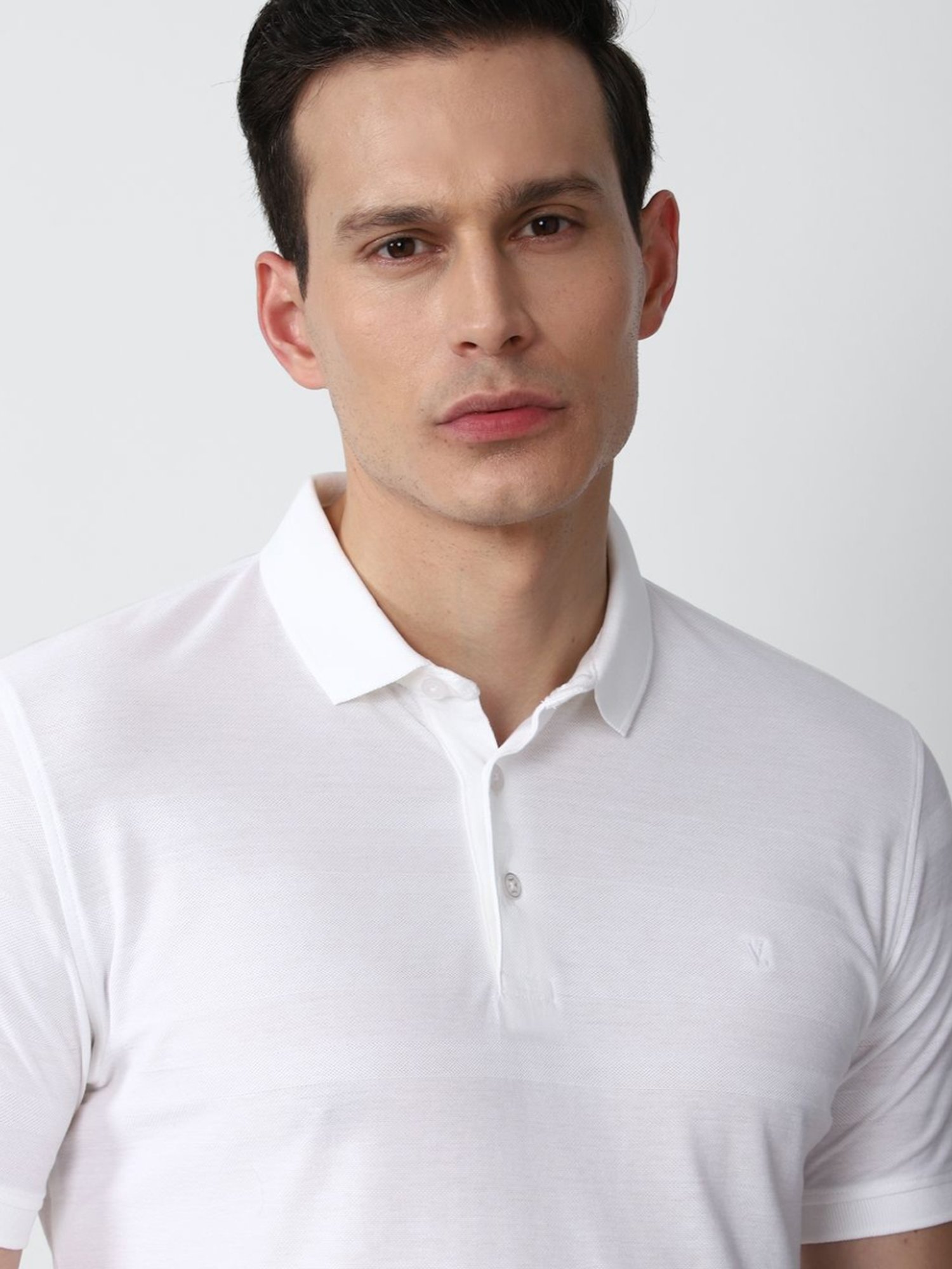 V Dot White Cotton Slim Fit Striped Polo T-Shirt