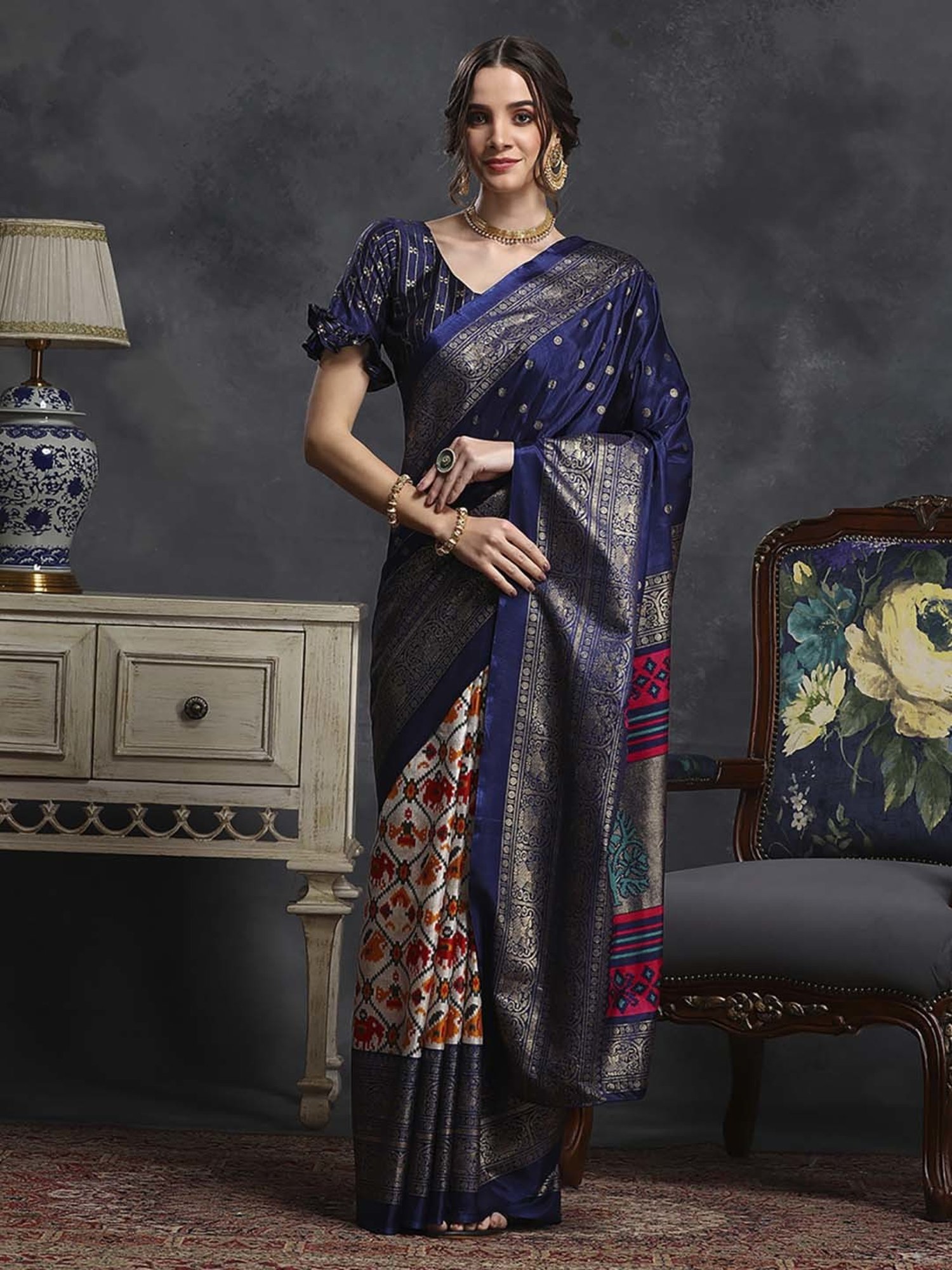 Saree Mall Navy & White Silk Printed Saree With Unstitched Blouse