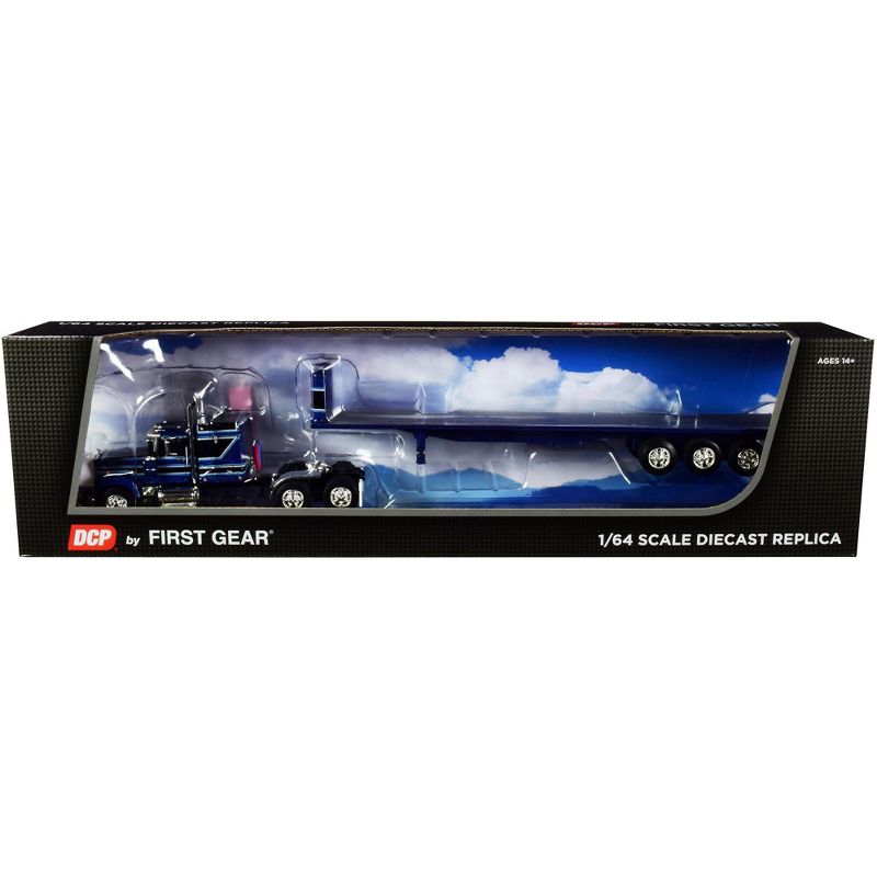 Mack Super-Liner with 60" Sleeper Cab with Tri-Axle Flatbed Trailer Dark Blue and Black 1/64 Diecast Model by DCP/First Gear