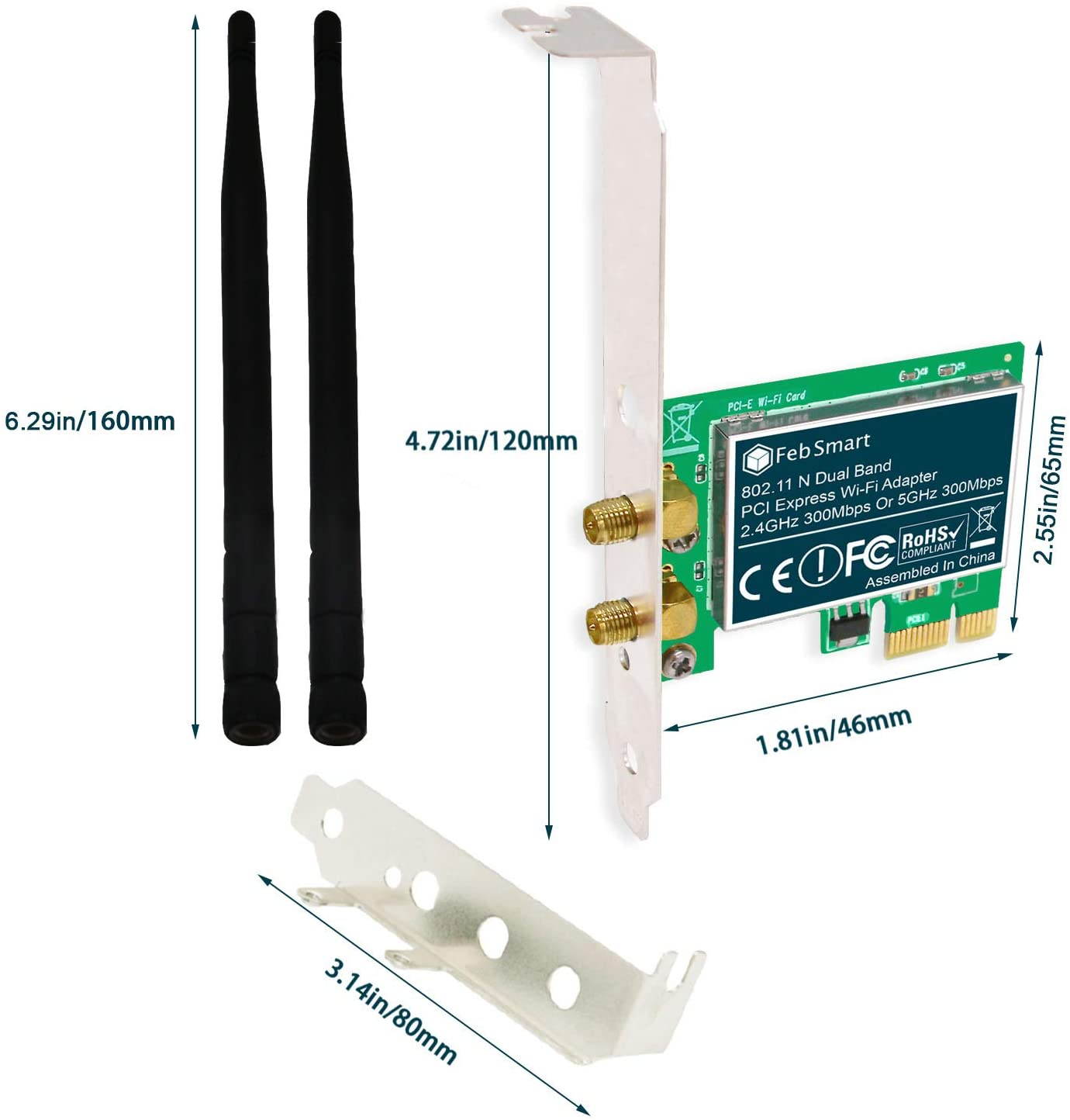 FebSmart Wireless Dual Band N600 (2.4GHz 300Mbps or 5GHz 300Mbps) PCI Express Wi-Fi Adapter for Windows XP 7 8 8.1 10 Server System (32/64bit) Desktop PCs-2-Stream MIMO PCIE Wi-Fi Card (FS-N600)