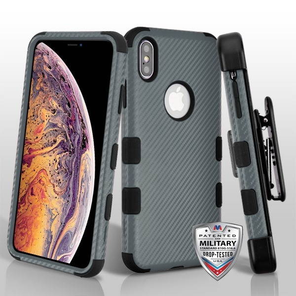 MYBAT Dark Gray Carbon Fiber Texture/Black TUFF Fuse Hybrid Case(with Black Horizontal Holster) for iPhone XS Max
