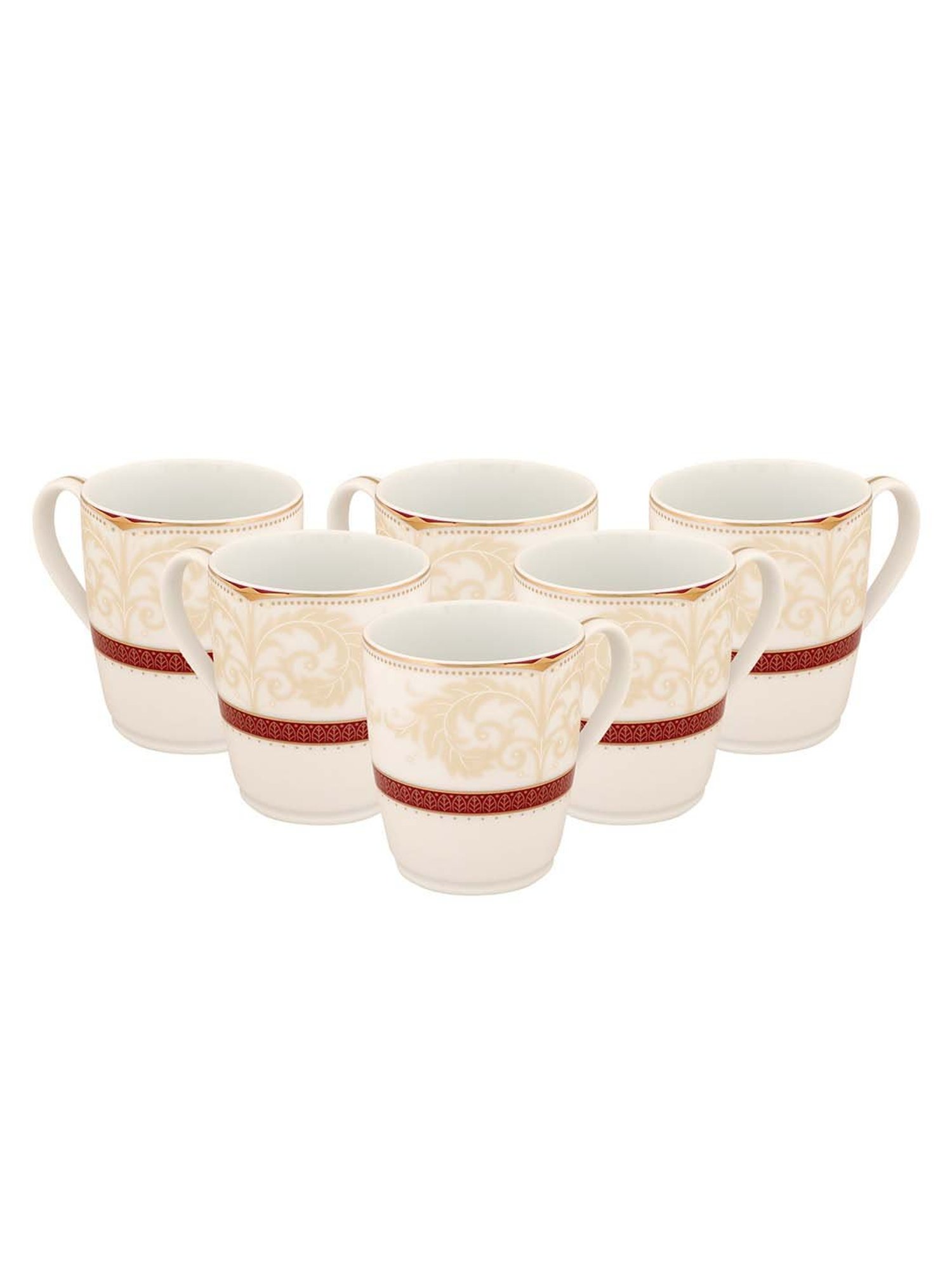 NORITAKE Hearth Off-White & Red Porcelain Queen's Fountain Coffee Mug (0.295 L) - Set of 6