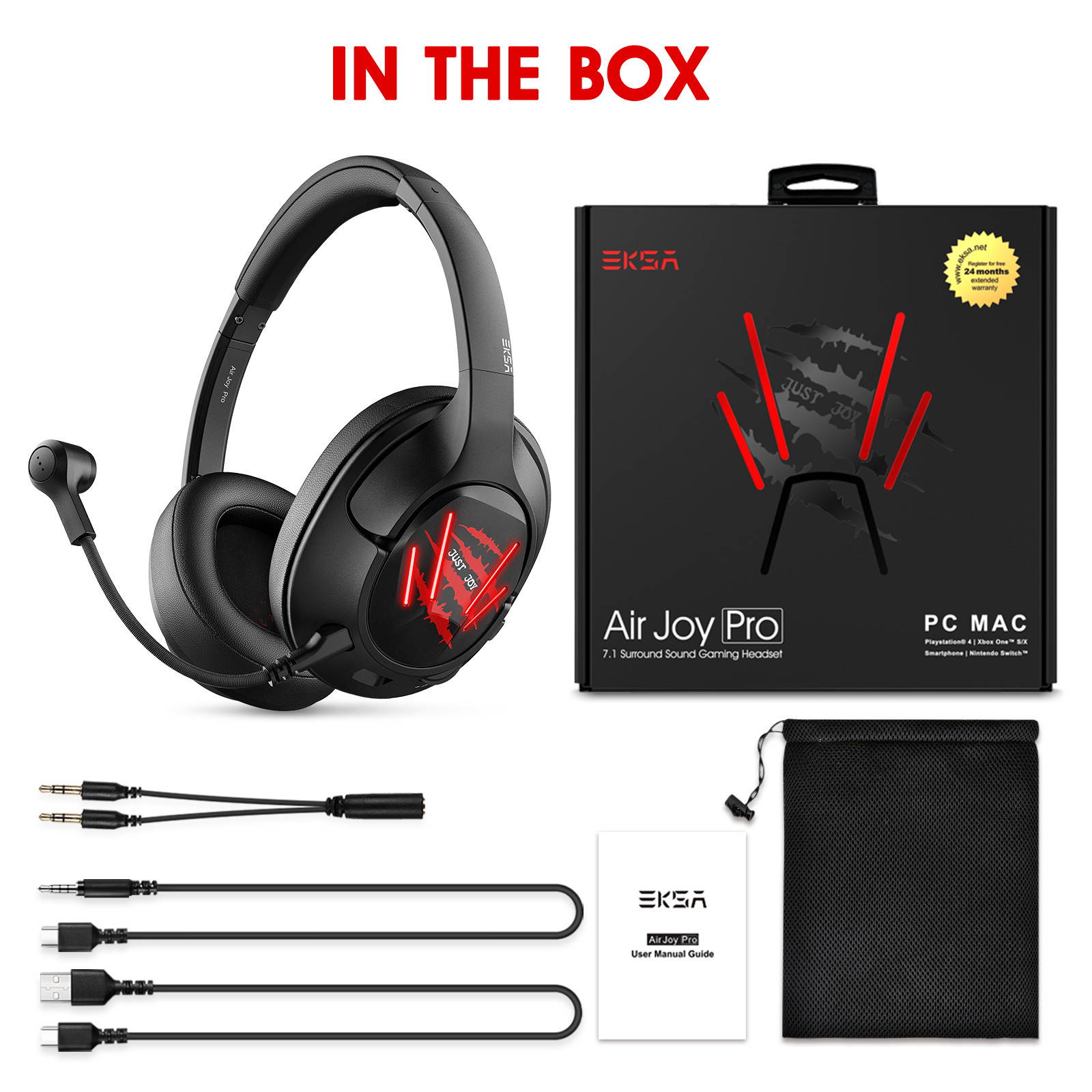 EKSA E3 Air Joy Pro USB Gaming Headphones With 7.1 Surround Sound LED Light 2 in 1 Stereo Gaming headset With Detachable Mic for Xbox/PS4/PC/Phones