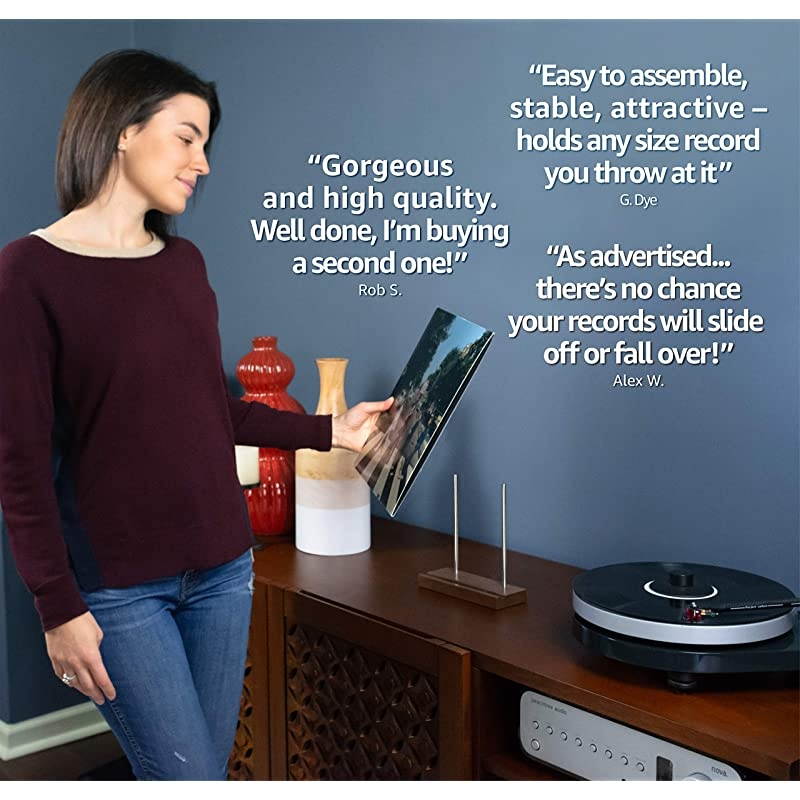 Tabletop Record Display Now Playing Vinyl Record Stand Modern Attractive Sculpted Hardwood Stainless Steel Holds Thick 2X Gatefold LPs Securely Walnut