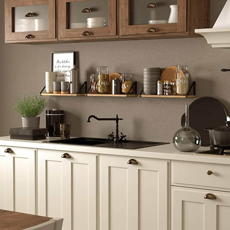 Ponza Floating Shelves Wall Mounted Set of 3 Laundry Room and Bathroom Storage Shelf Unit Natural Burned Rustic Wood Wall Decor with Metal Floating Shelf Bracket