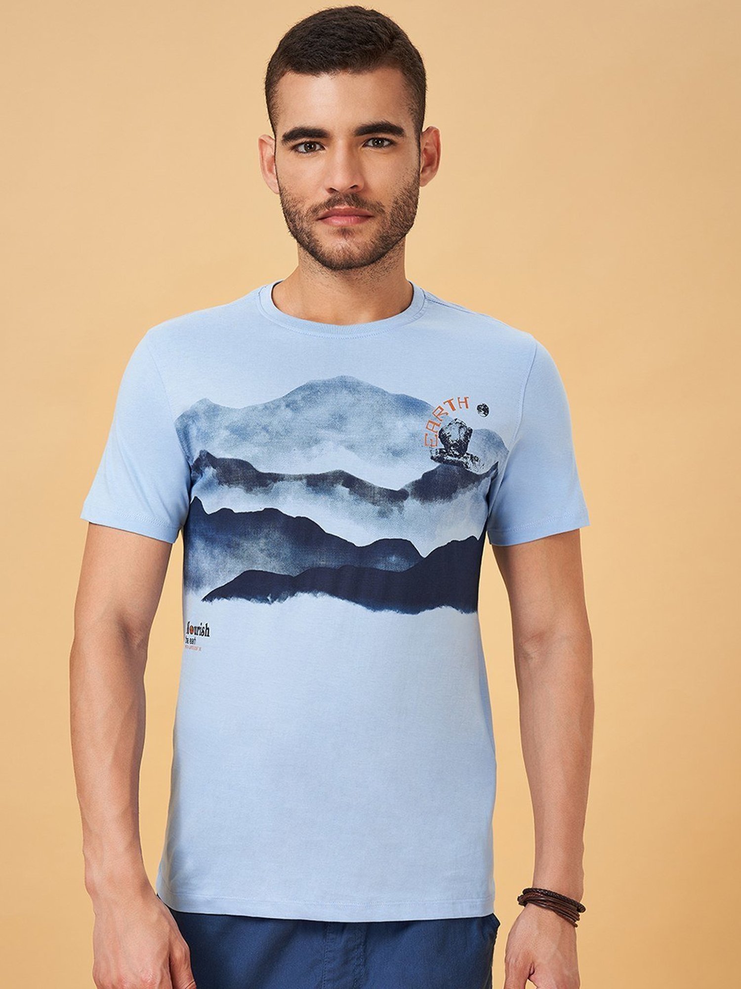 Urban Ranger by Pantaloons Sky Blue Cotton Slim Fit Printed T-Shirt