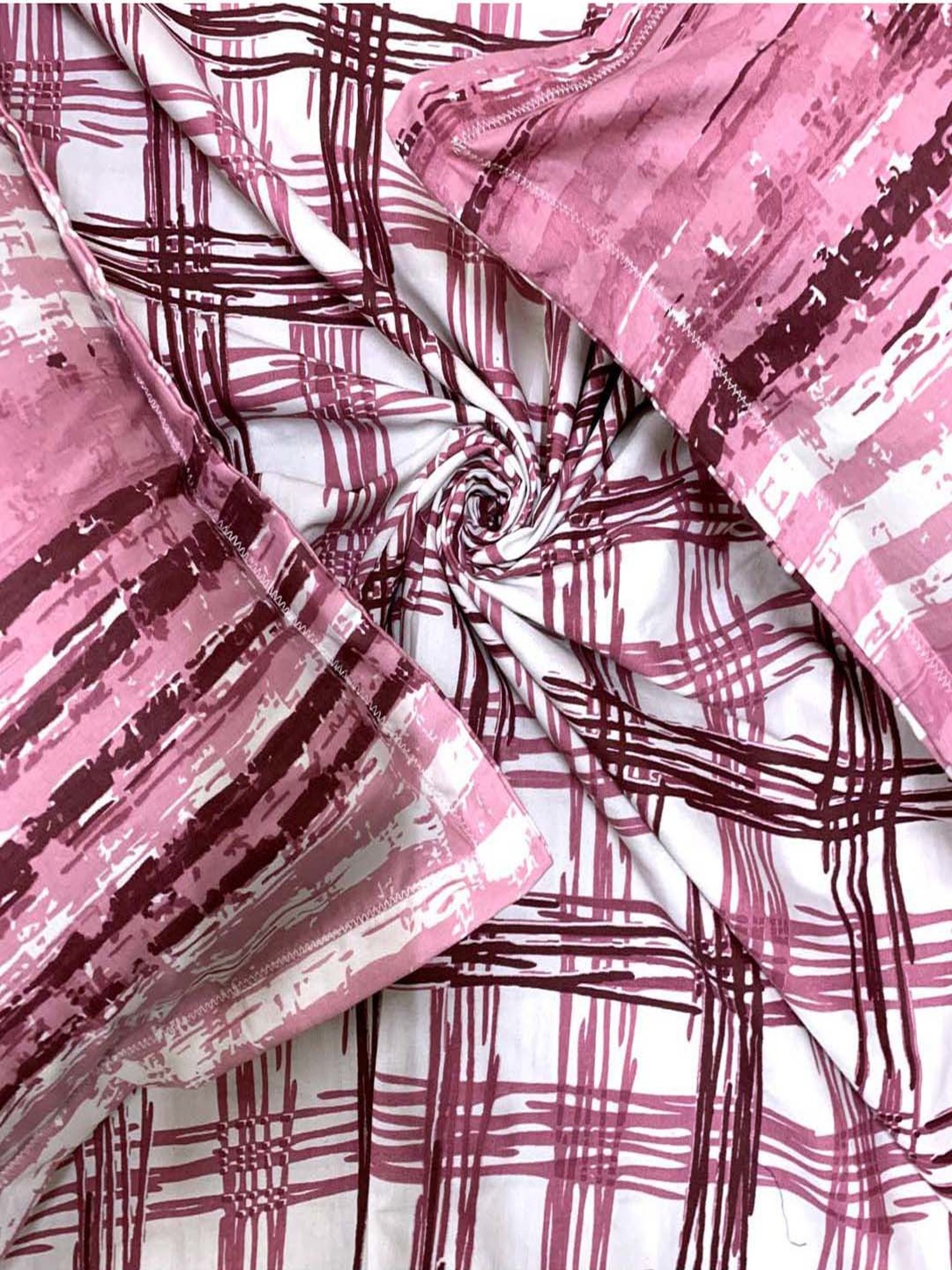 BELLA CASA Genteel Checks Pink 180 TC Cotton King Bedsheet with 2 Pillow Covers