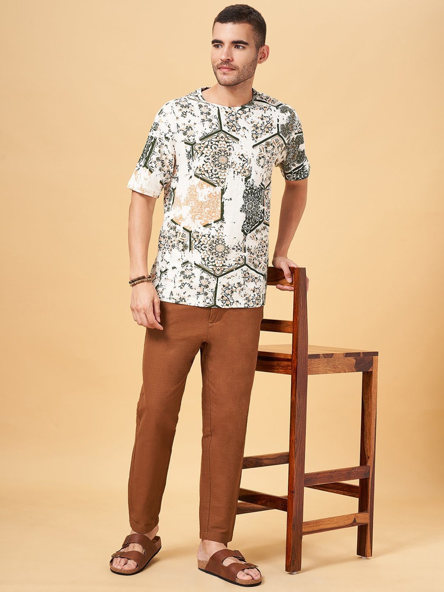 7 Alt by Pantaloons Beige Cotton Relaxed Fit Printed T-Shirt