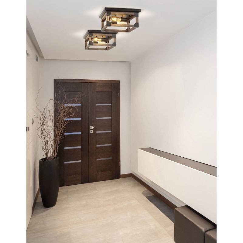 13" 2-Light LED Iron Cheshire Rustic Farmhouse Flush Mount Brown/Black - JONATHAN Y