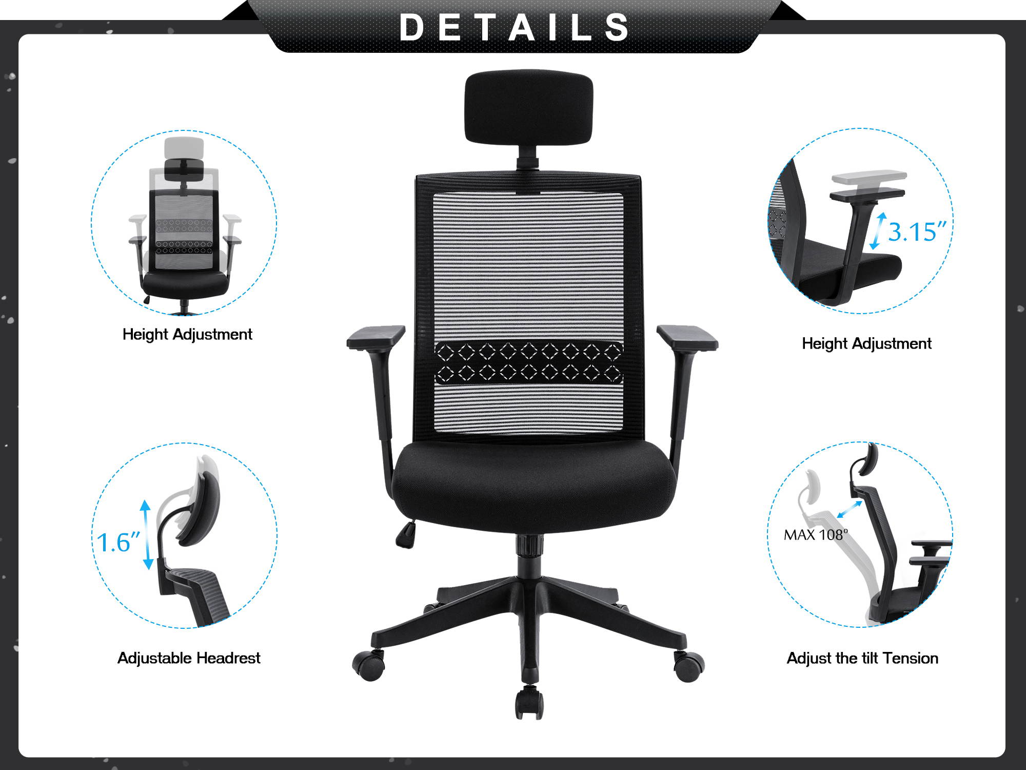 Qwork Ergonomic Office Chair Adjustable Headrest Mesh Office Chair Office Desk Chair Swivel Computer Task Chair