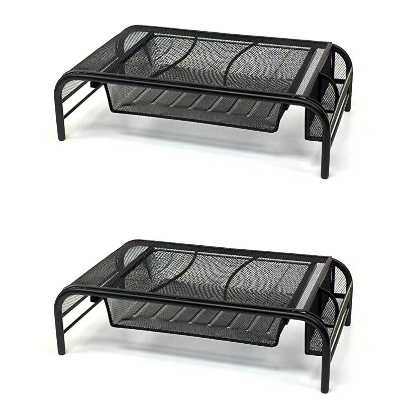2MESHMON-BLK Metal Mesh Stand and Desk Organizer with Drawer, Monitor Riser, Black-2 Pack