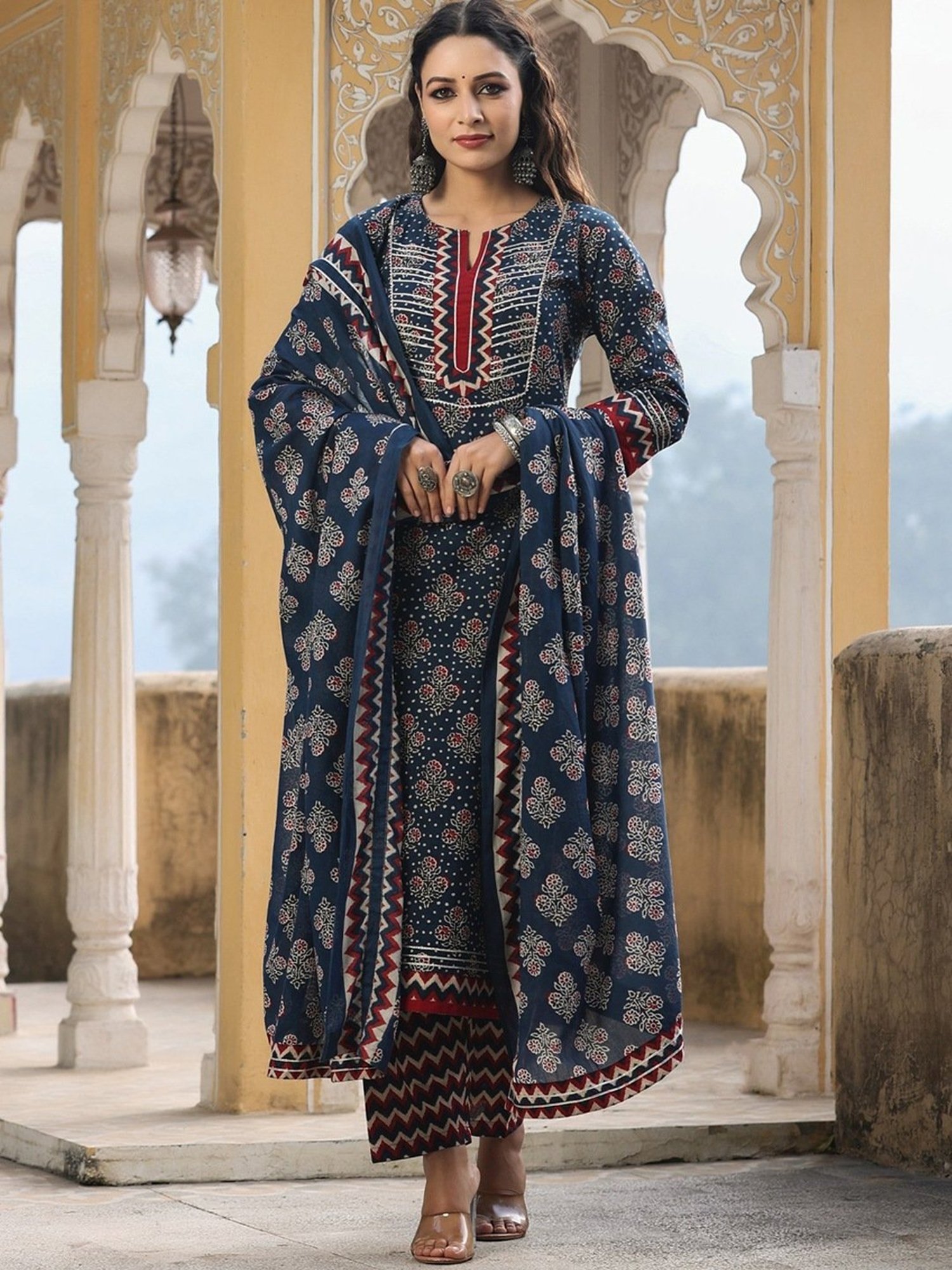 Rain and Rainbow Navy Cotton Printed Kurta Pant Set With Dupatta