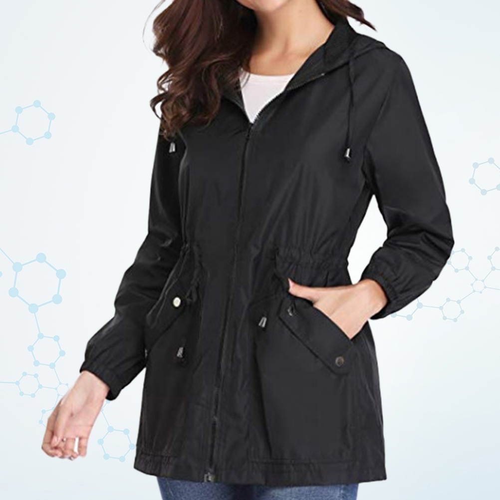 1pc Women Outdoor Hiking Waterproof Raincoat Spring Autumn Pocket Long Sleeve Casual Jackets with Zipper Outwear Coats for Girls Size S(Black)