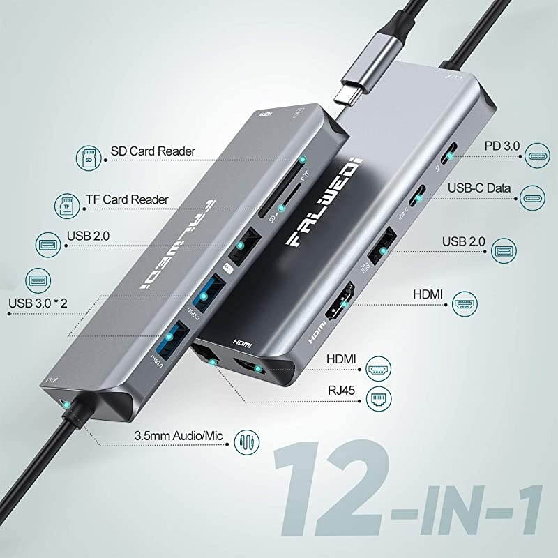 Triple Display 12 in 1 USB C Hub with 2 HDMI PD30 Ethernet SD TF Card Reader 4 USBA USBC Data Port MicAudio Type C Adapter Docking Station Compatible for MacBook Air Pro and More