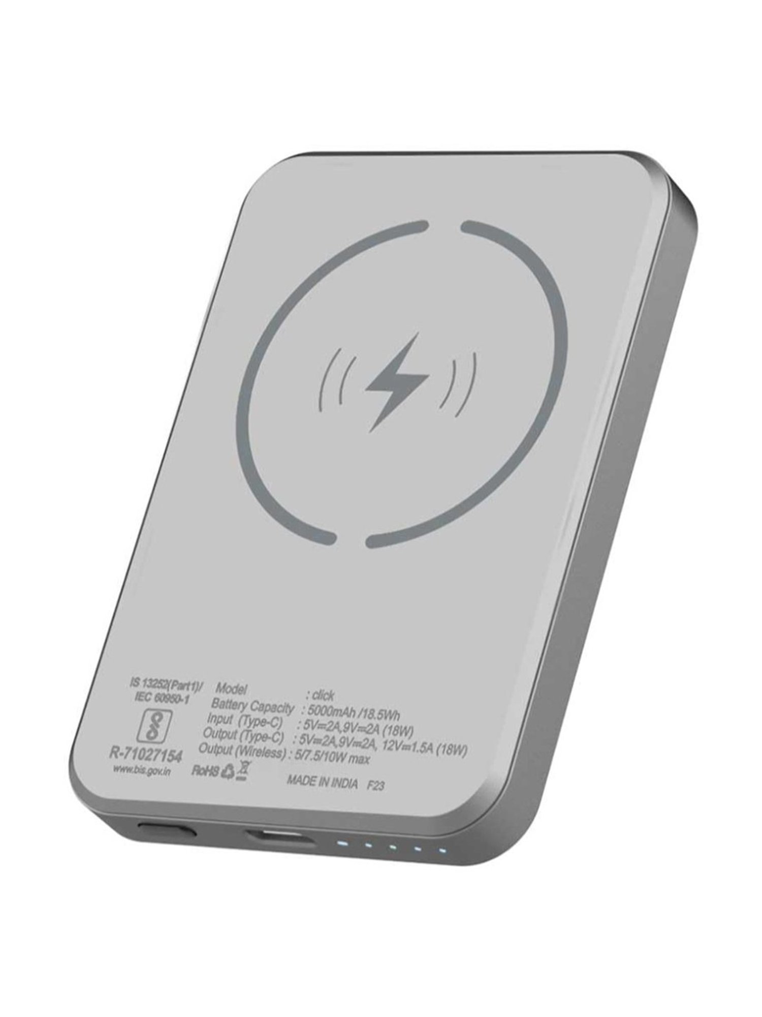 Stuffcool Click 5000mAh Magnetic Wireless Powerbank with 18W PD Type C Port (Metallic Grey)