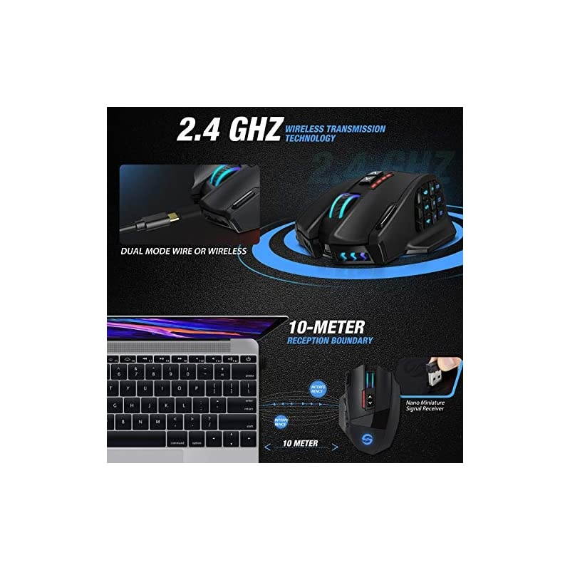 Venus Pro RGB Wireless MMO Gaming Mouse, 16,000 DPI Optical Sensor, 2.4 GHz Transmission Technology, Ergonomic Design, 16M Chroma RGB Lighting, 16 programmable Buttons, Up to 70 Hours