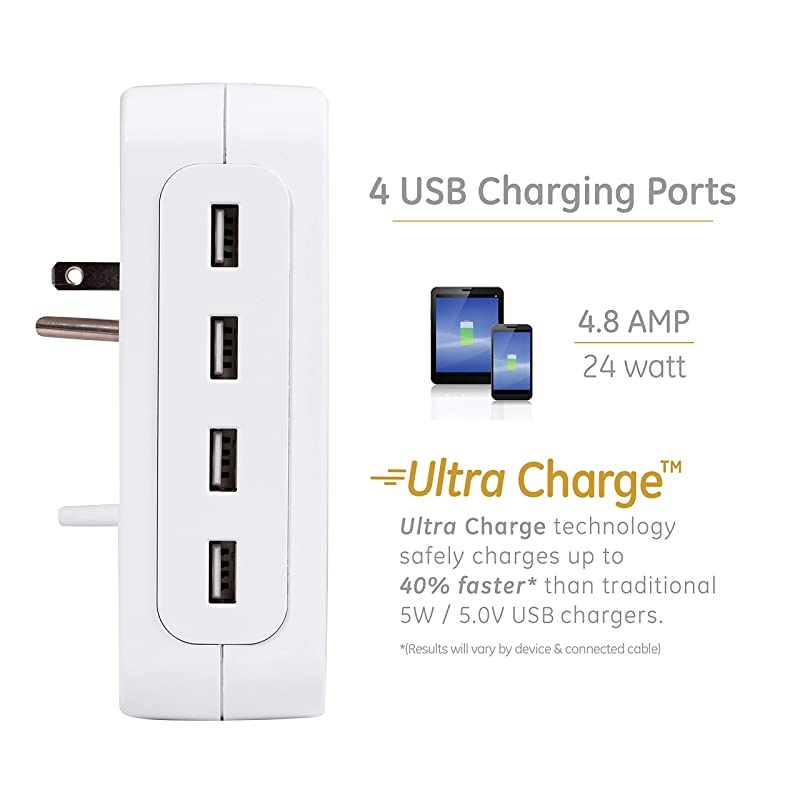 Ultra Pro USB Charging Sur Protector, 4 USB Outlet Adapter, 3 Outlet Wall Tap, Side Access Outlets, Automatic Shutdown Technology, 4.8A USB, 560 Joules, White, 39680