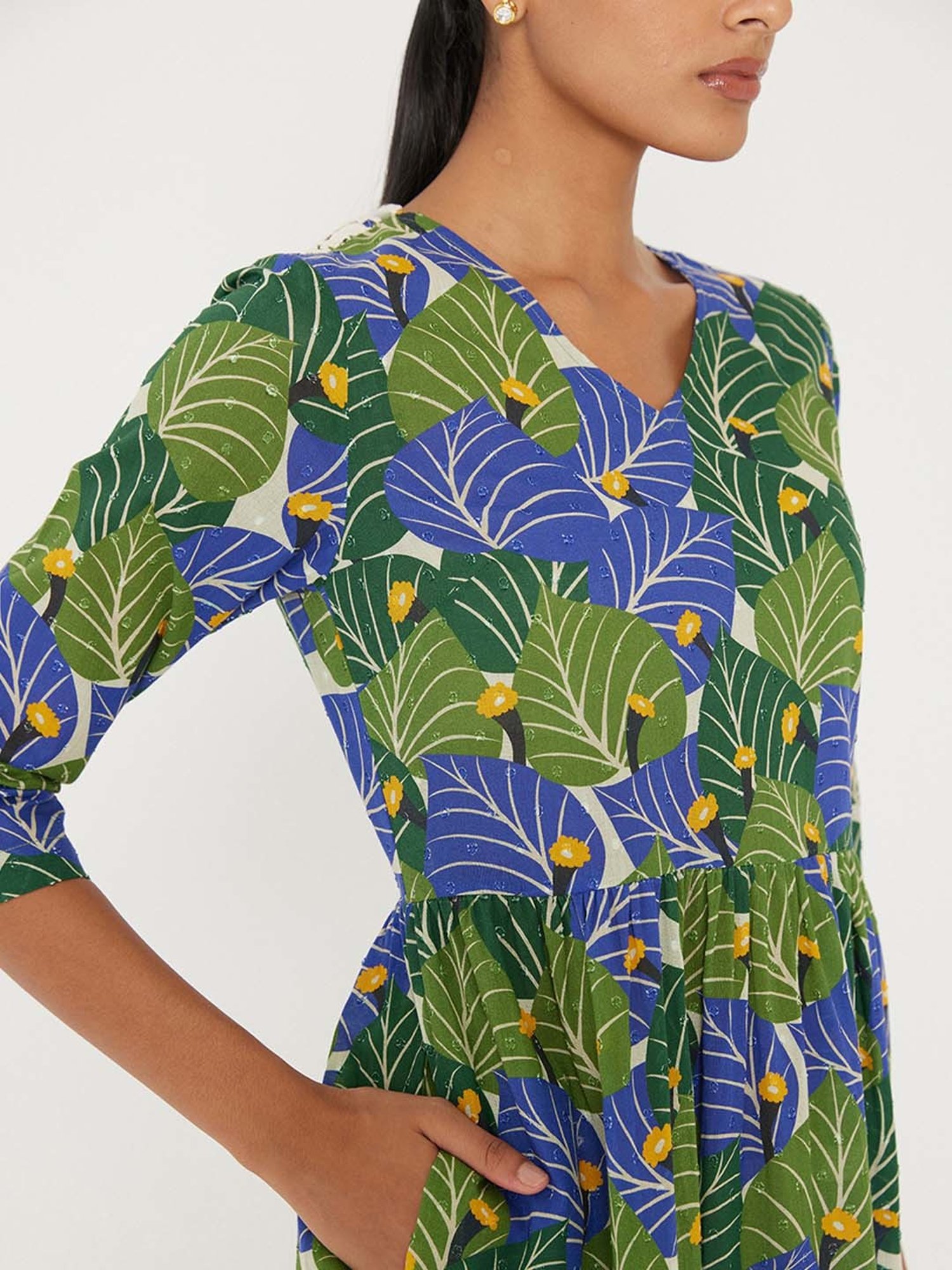 ANCESTRY Green Printed Midi Dress