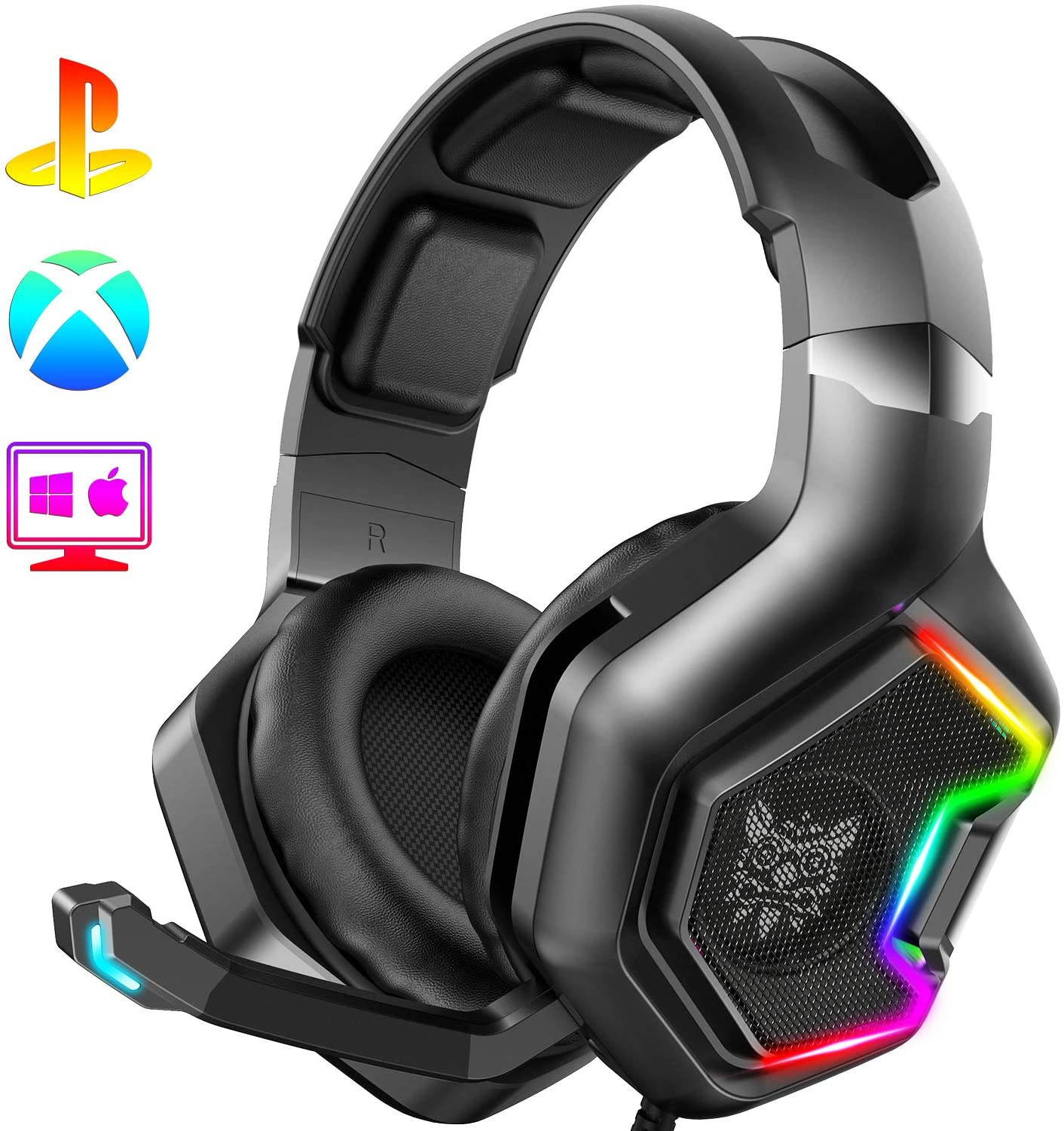 ONIKUMA PS4 Headset -Xbox One Headset Gaming Headset with 7.1 Surround Sound Pro Noise Canceling Gaming Headphones with Mic & RGB LED Light Compatible with PS4, Xbox One, Nintendo Switch, PC,GameCube