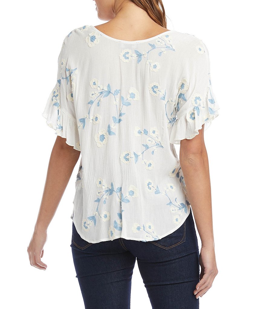 Karen Kane Floral Embroidered Scoop Neck Ruffle Short Sleeve Top