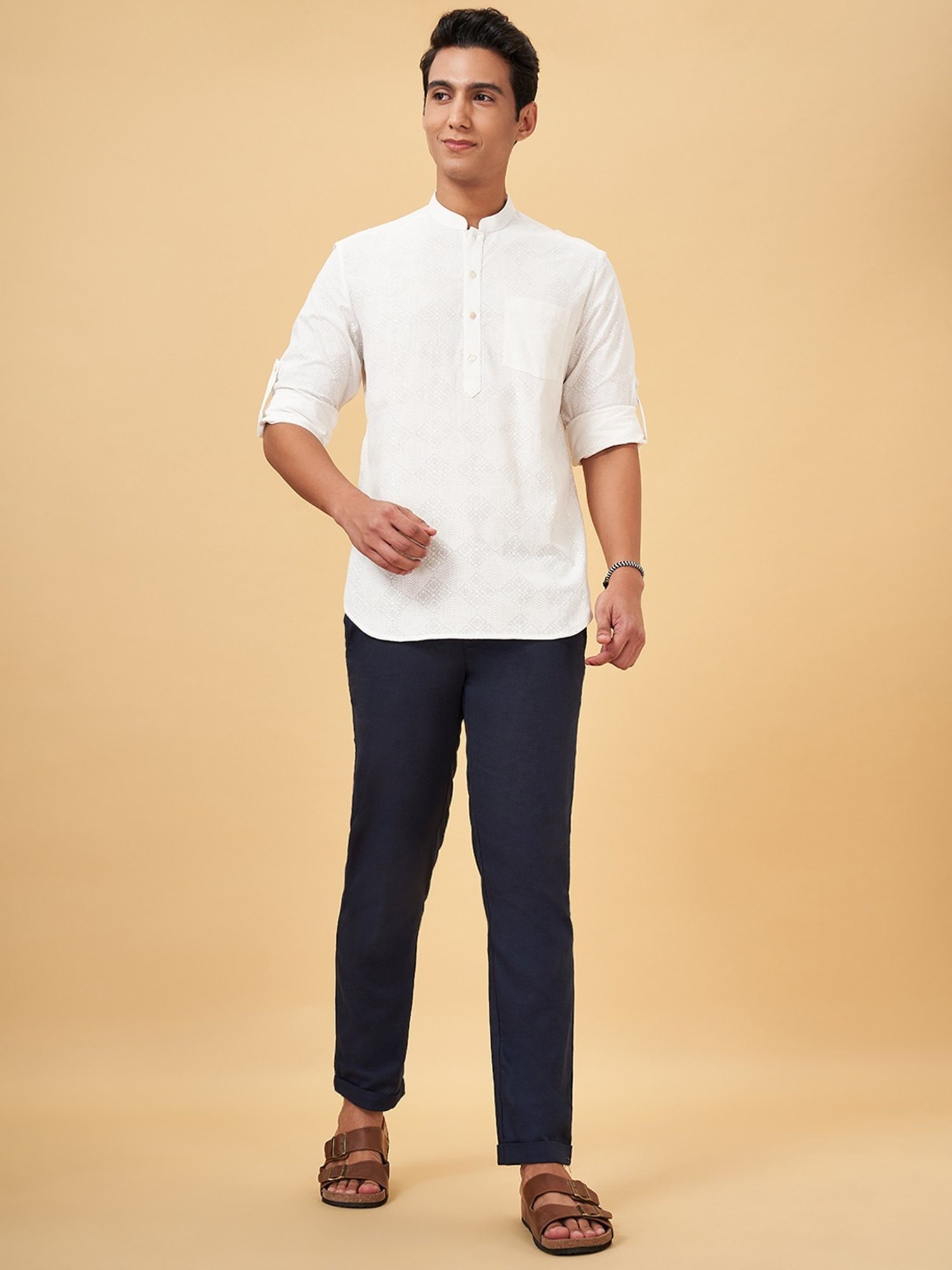 Indus Route By Pantaloons White Pearl Regular Fit Texture Short Kurta