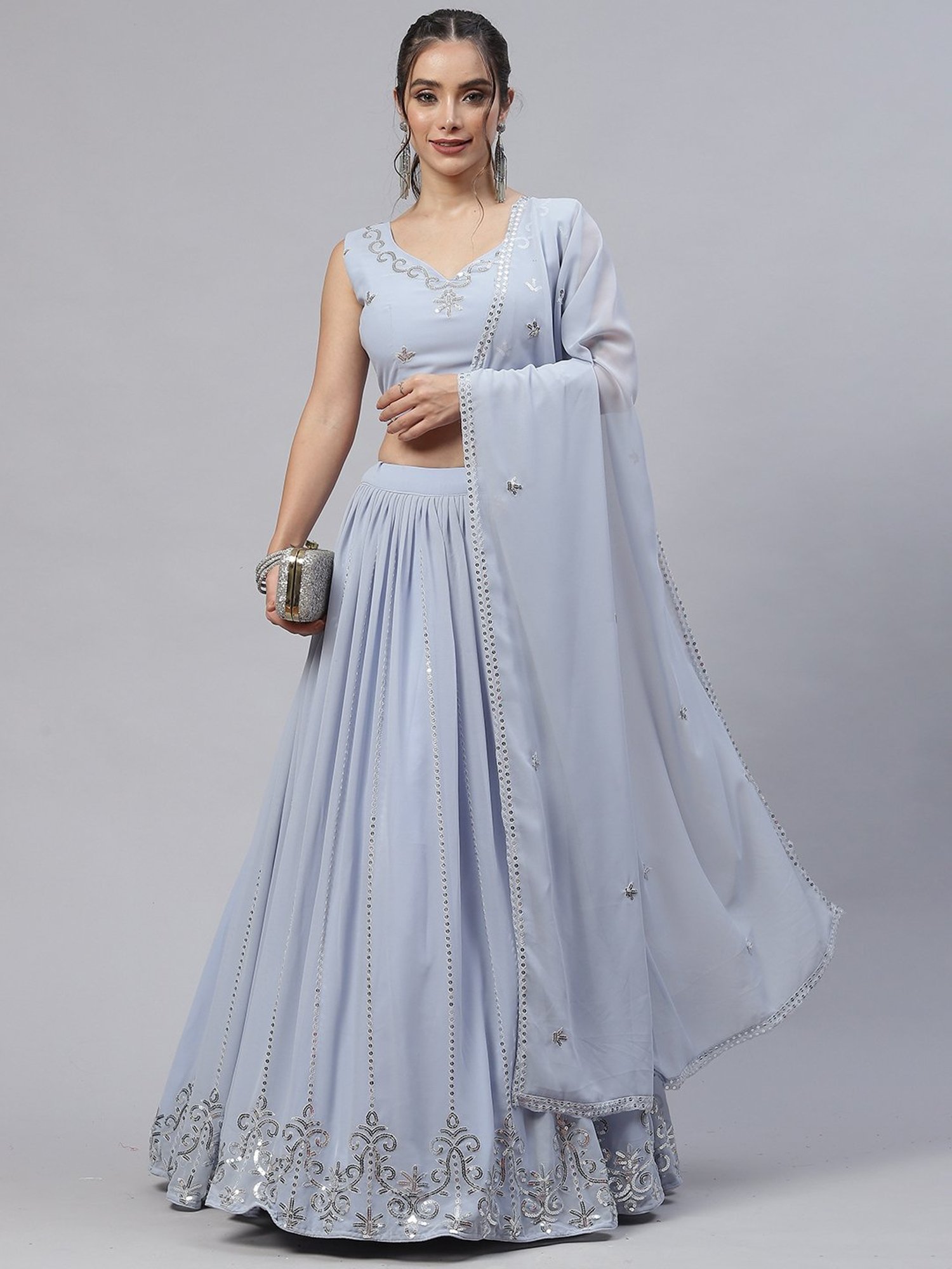 SHUBHKALA Sky Blue Embellished Lehenga Choli Set With Dupatta