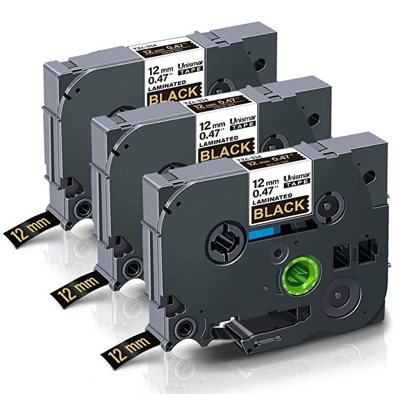 Compatible Label Tape Replacement for Brother TZe-334 TZe334 TZ334 for PT-D200 PT-D210 PT-D600 PT-D400 PT-H100 PT-H110 PT-1280 PT-1290 Label Maker, 1/2" x 26.2', Gold on Black, 3-Pack