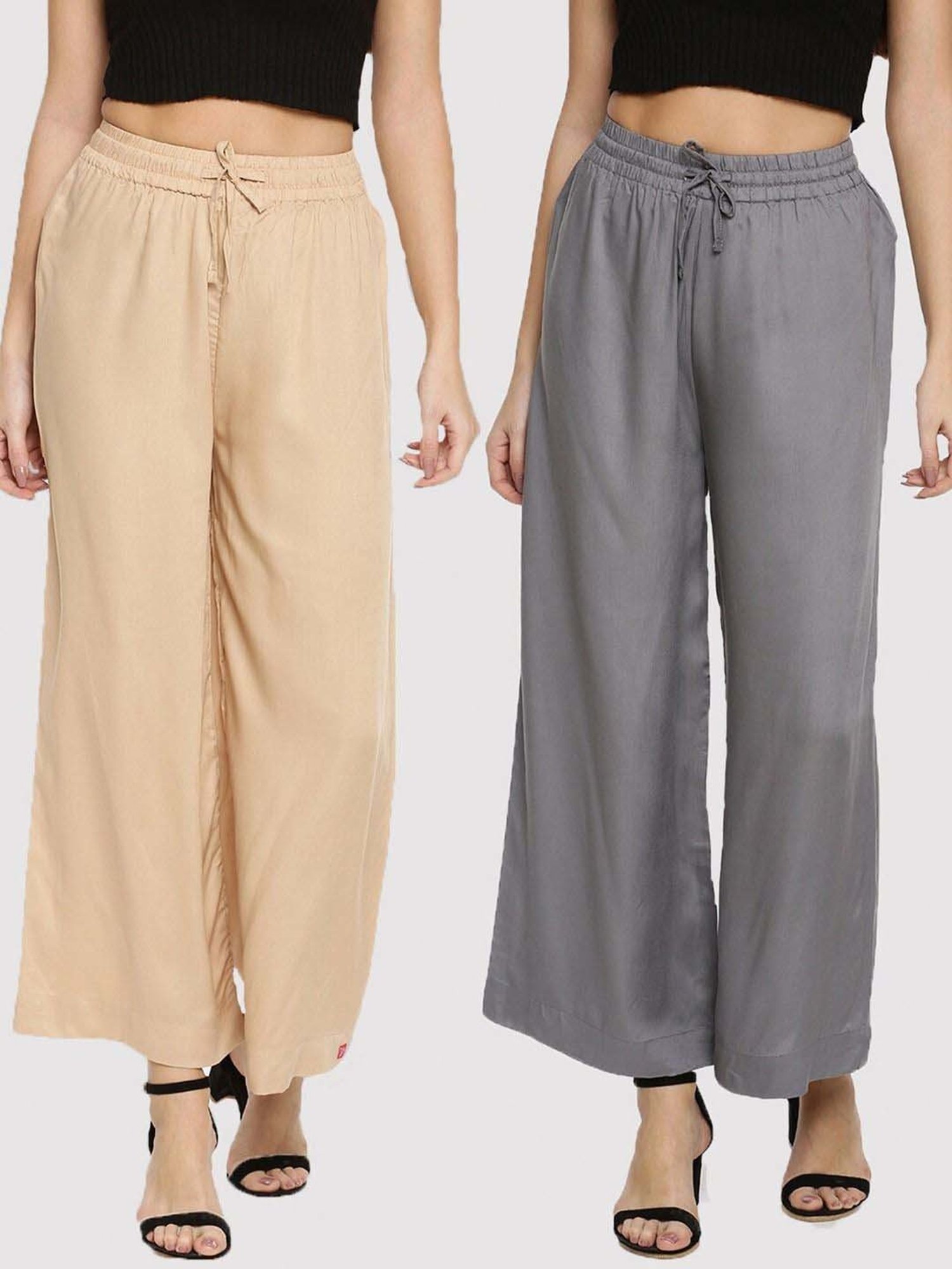 TWIN BIRDS Beige & Grey Mid Rise Palazzos - Pack Of 2