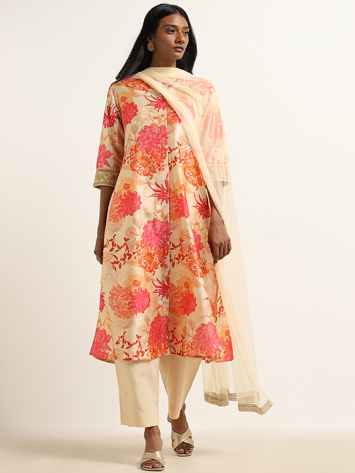 Vark by Westside Multicolour Floral Kurta, Palazzos and Dupatta Set