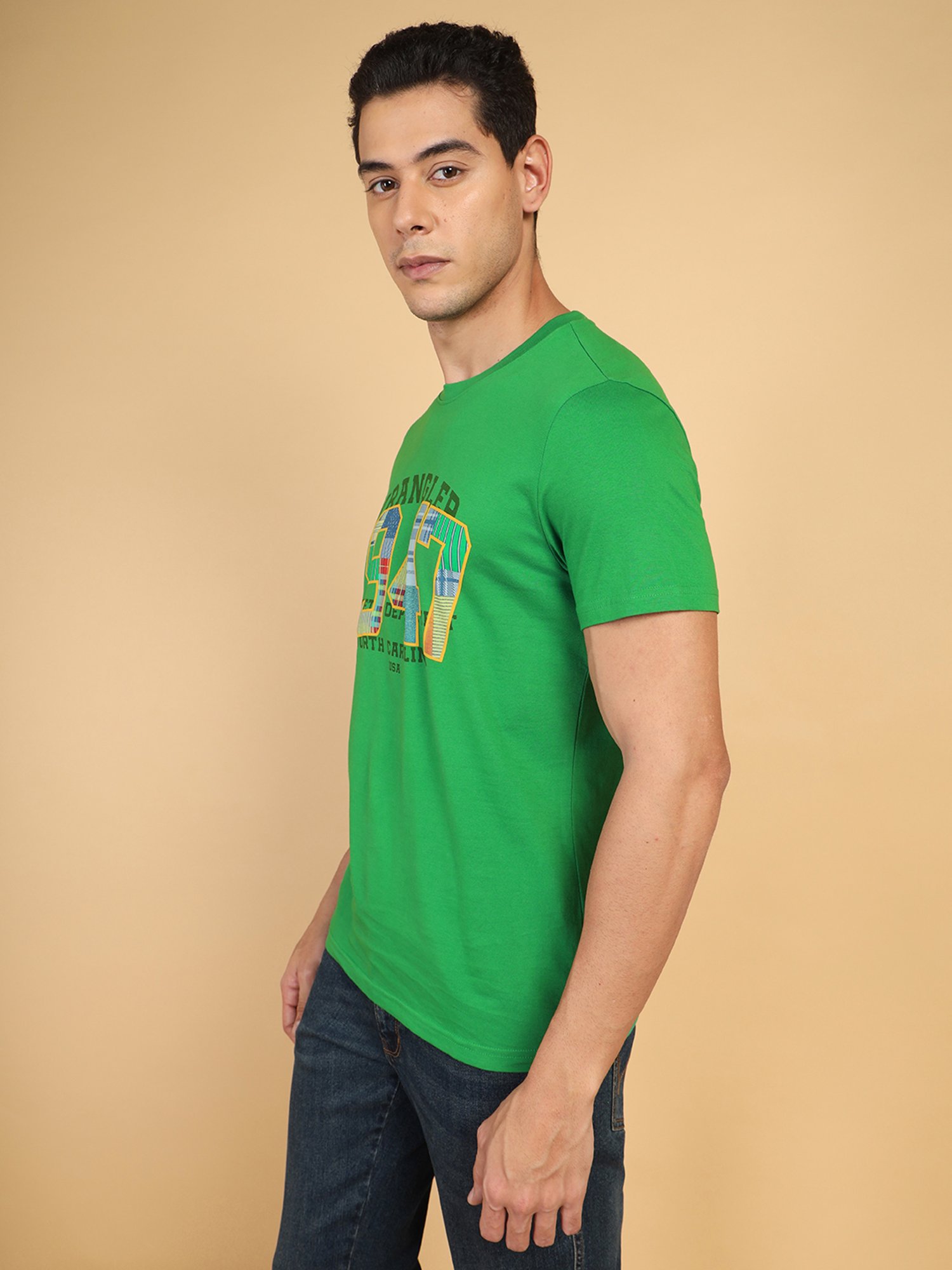 Wrangler Green Regular Fit Printed Cotton Crew T-Shirt