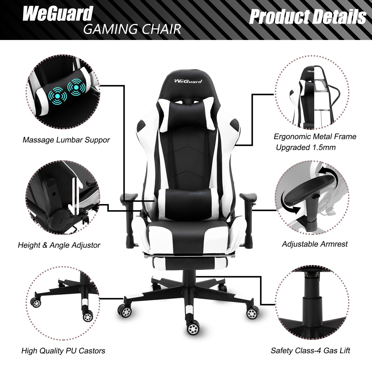Ergonomic Computer Gaming Chair Office Chair Racing Style High-back Swivel Chair(White)