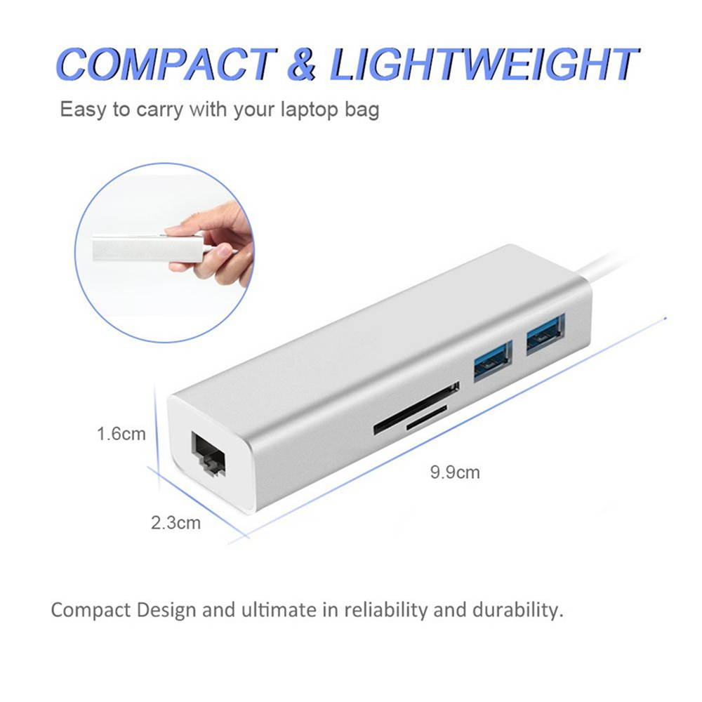 5 in 1 USB-C Card Reader with RJ45 USB Port, Type-C to USB 3.0 HUB with 1000M LAN Gigabit Ethernet / SD/TF Card Reader, 5-in-1 Type-C to 1000Mbps USB3.0 SD TF Dock.