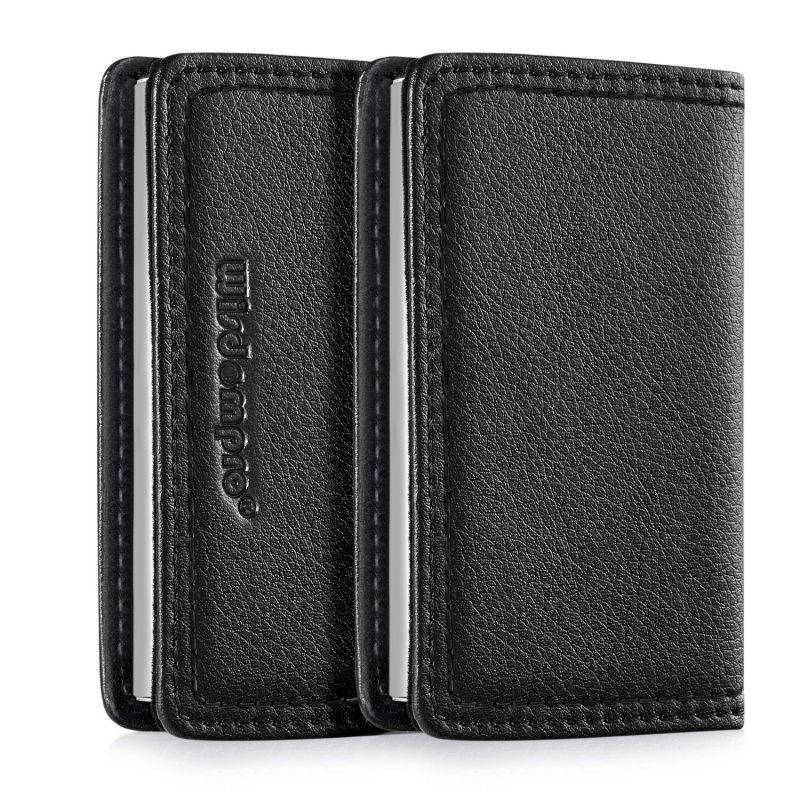 Business Card Holder, Wisdompro PU Leather & Metal Name Card Holder Wallet Case with Magnetic Closure for Men and Women - Metal Black Thread
