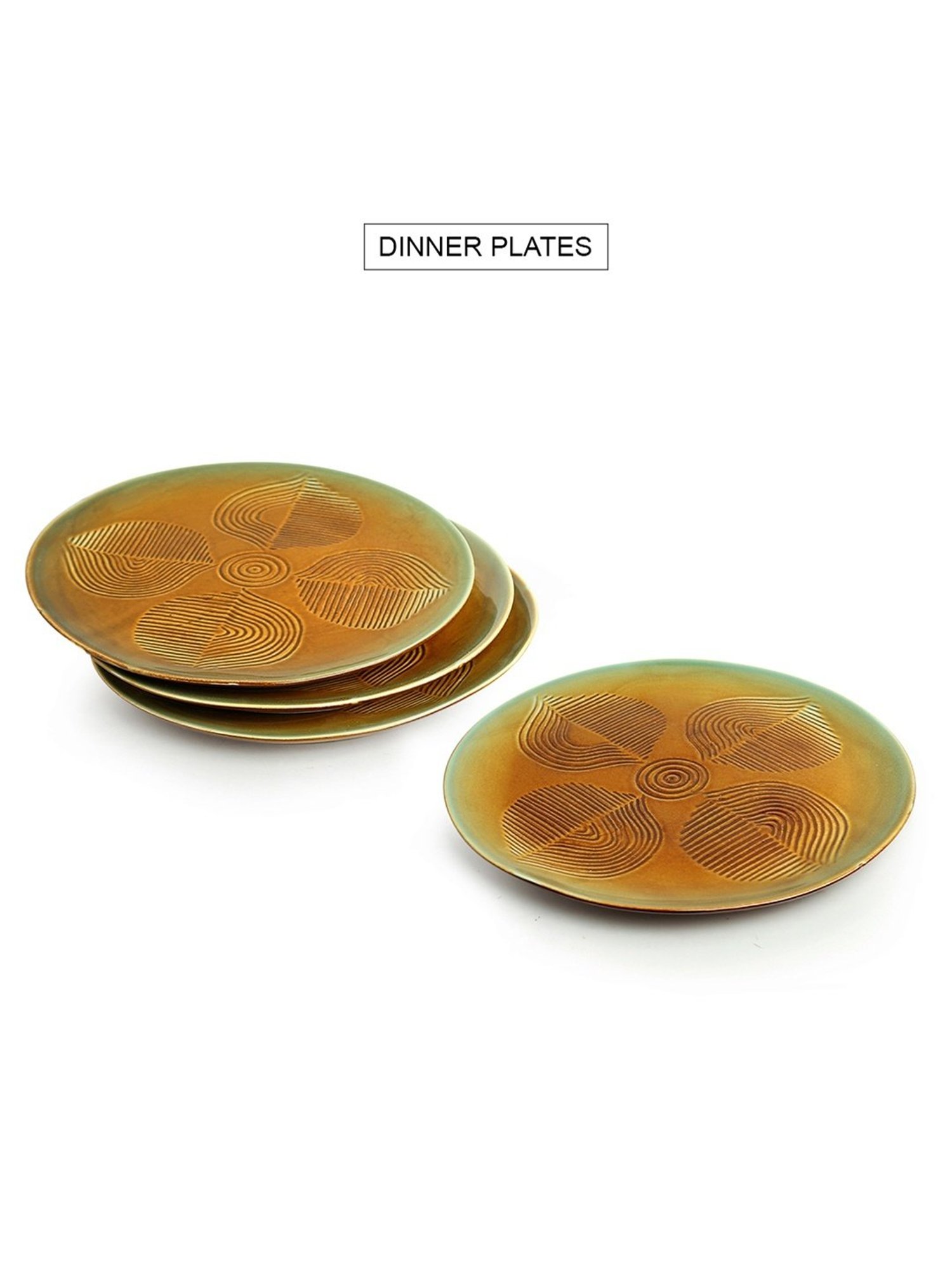 ExclusiveLane 'Peacock Boulevard' Brown & Sea Green Ceramic Dinner Plate - Set of 4