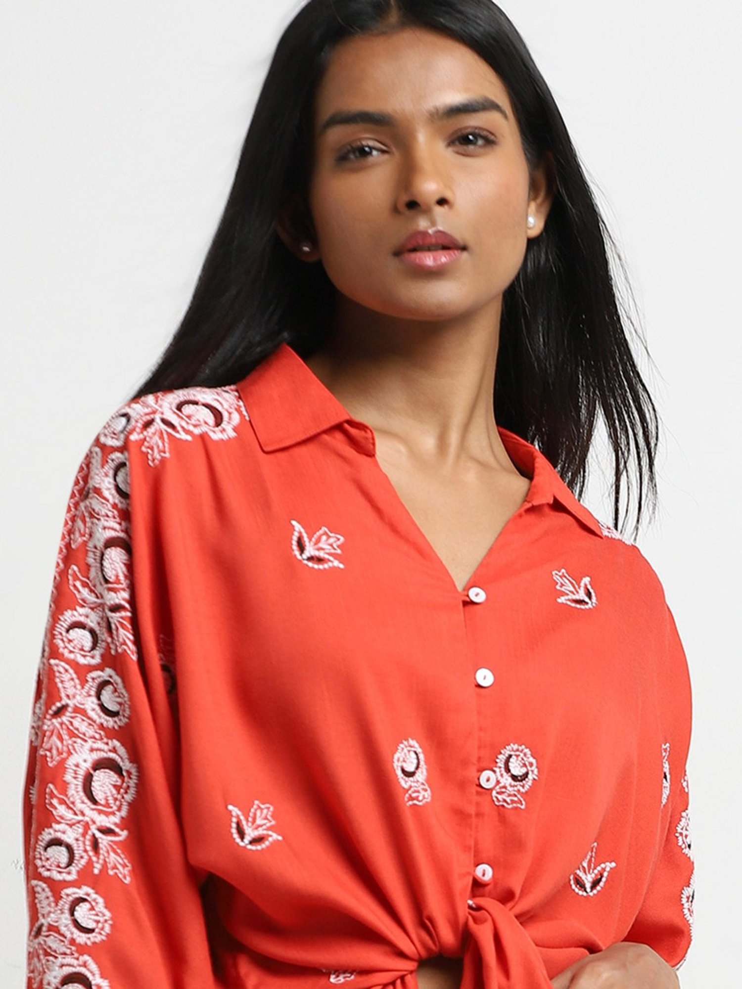 LOV by Westside Dark Orange Floral Embroidered Tie-Up Top