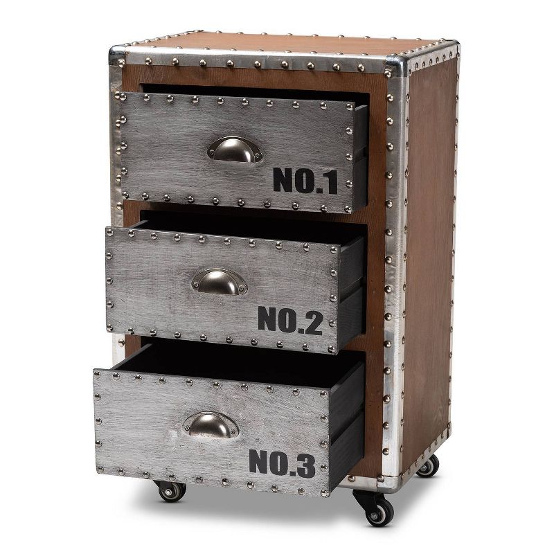 3 Drawer Avere Wood & Metal Rolling Nightstand Sliver - Baxton Studio