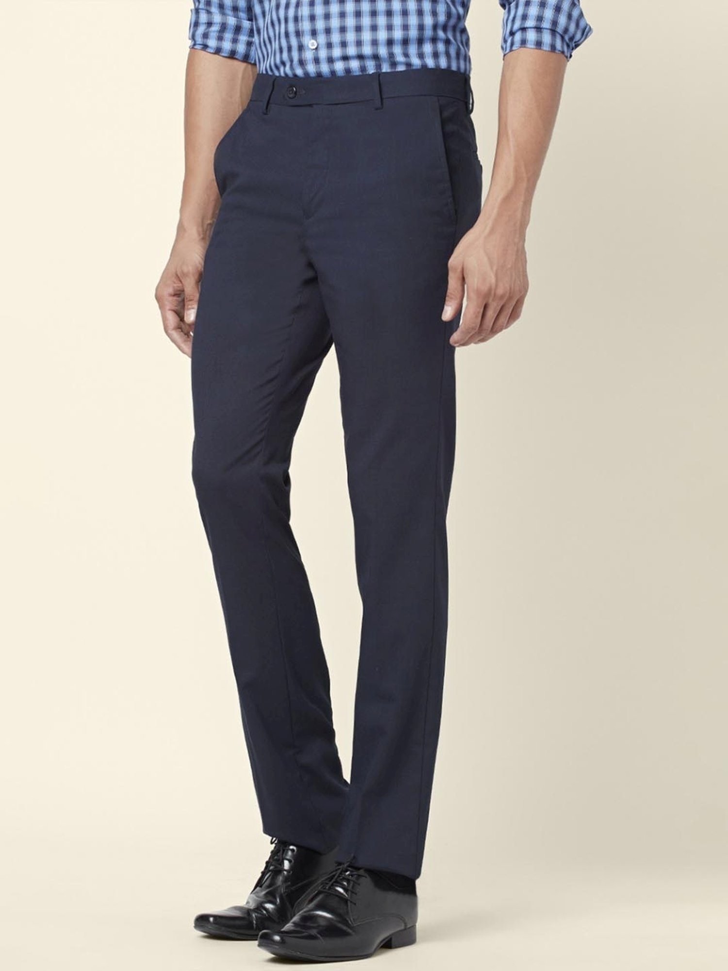 Byford By Pantaloons Navy Slim Fit Self Pattern Trousers