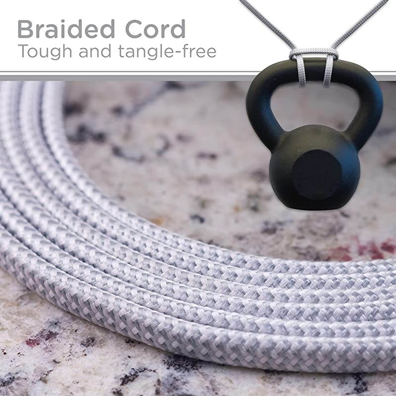 White/Gray, Designer 3-Outlet Extension Cord, 15 Ft Braided Cable, 2-Prong Power Strip, Slide-to-Lock Safety, Low-Profile Flat Plug, Polarized, ETL Listed, 43431-T1, 15 Ft, 15 Ft