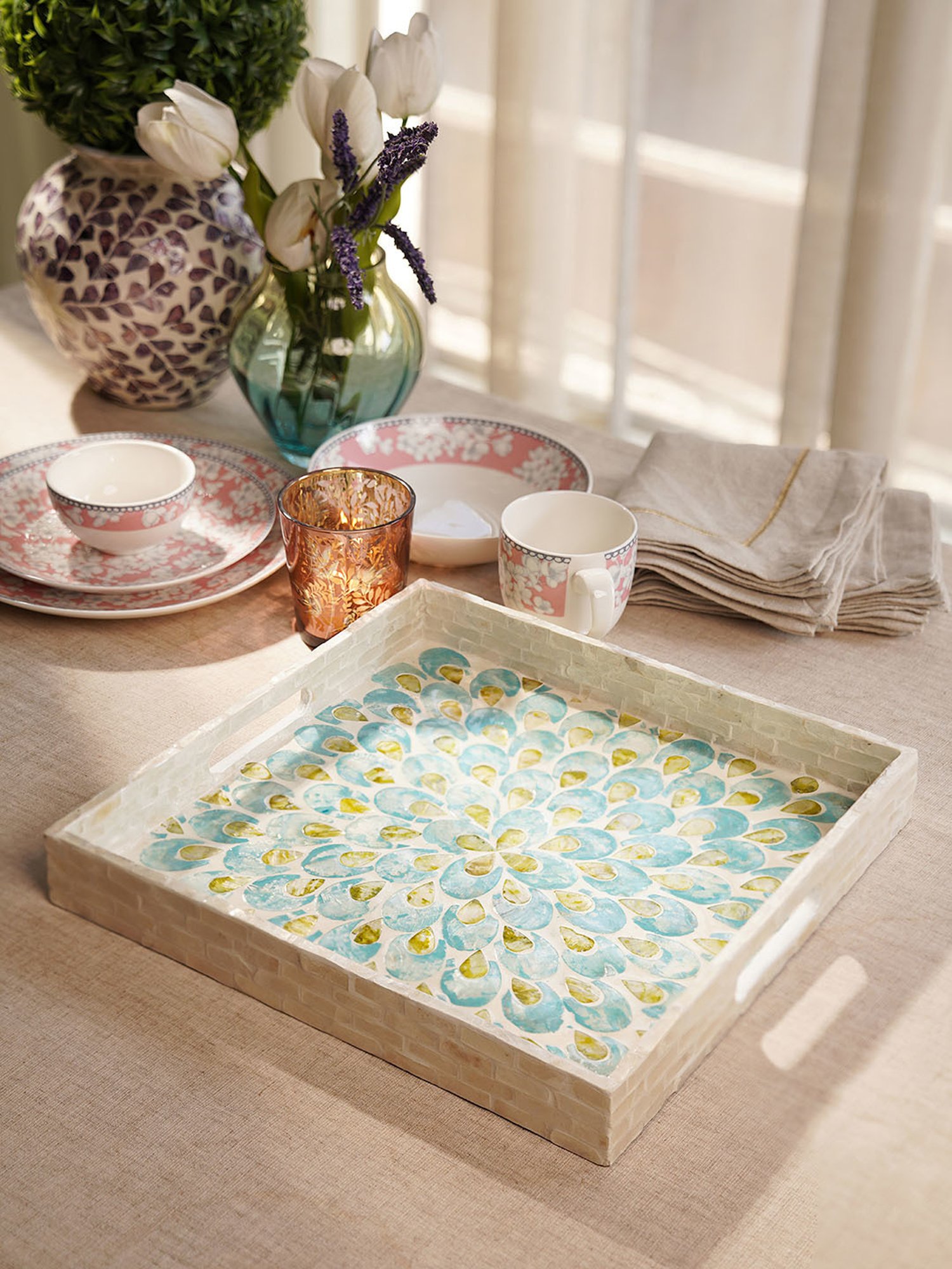 Pure Home and Living Blue & Green Mother of Pearl Square Tray