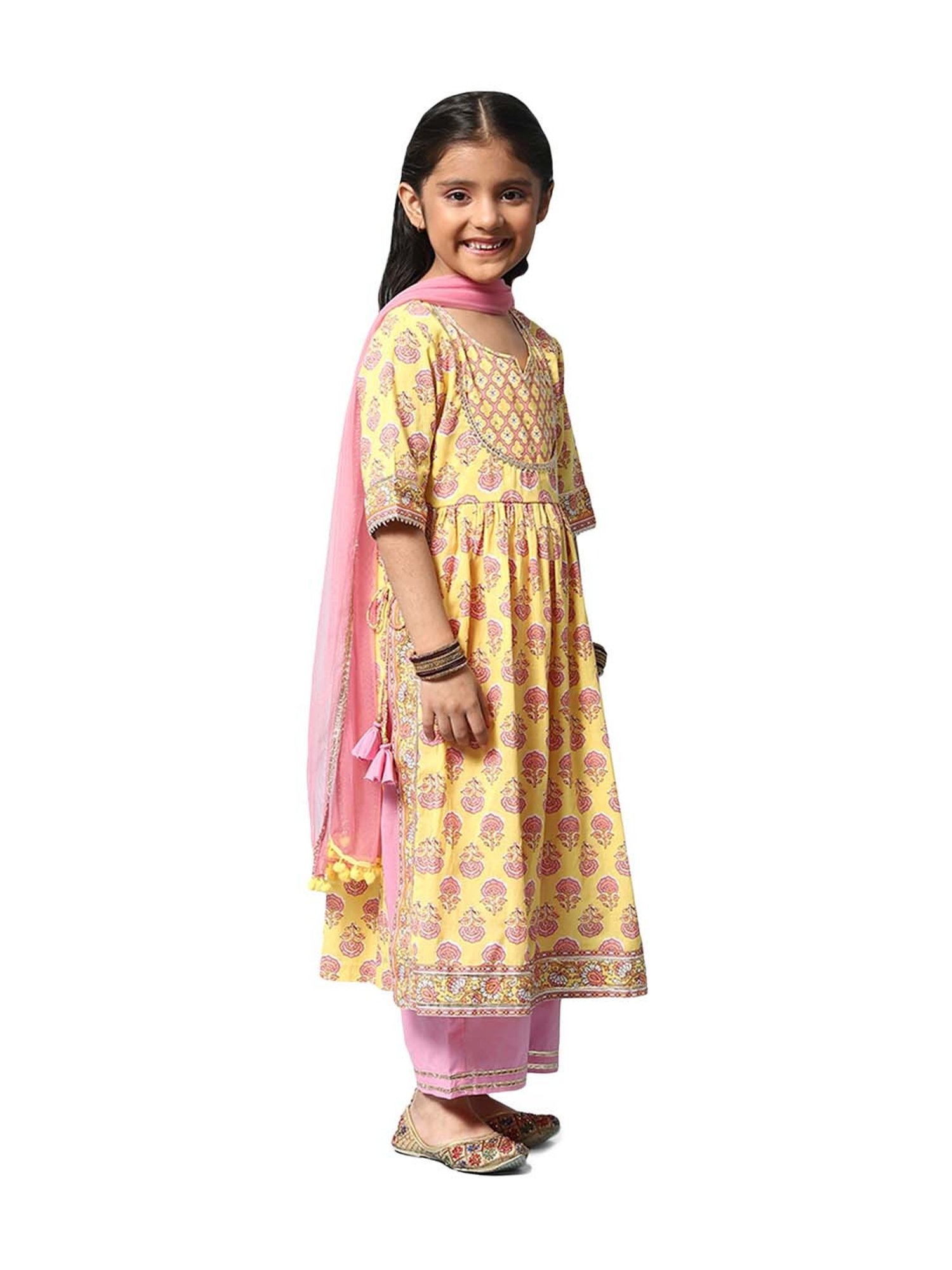 BIBA Girls Yellow & Pink Printed Kurta Set
