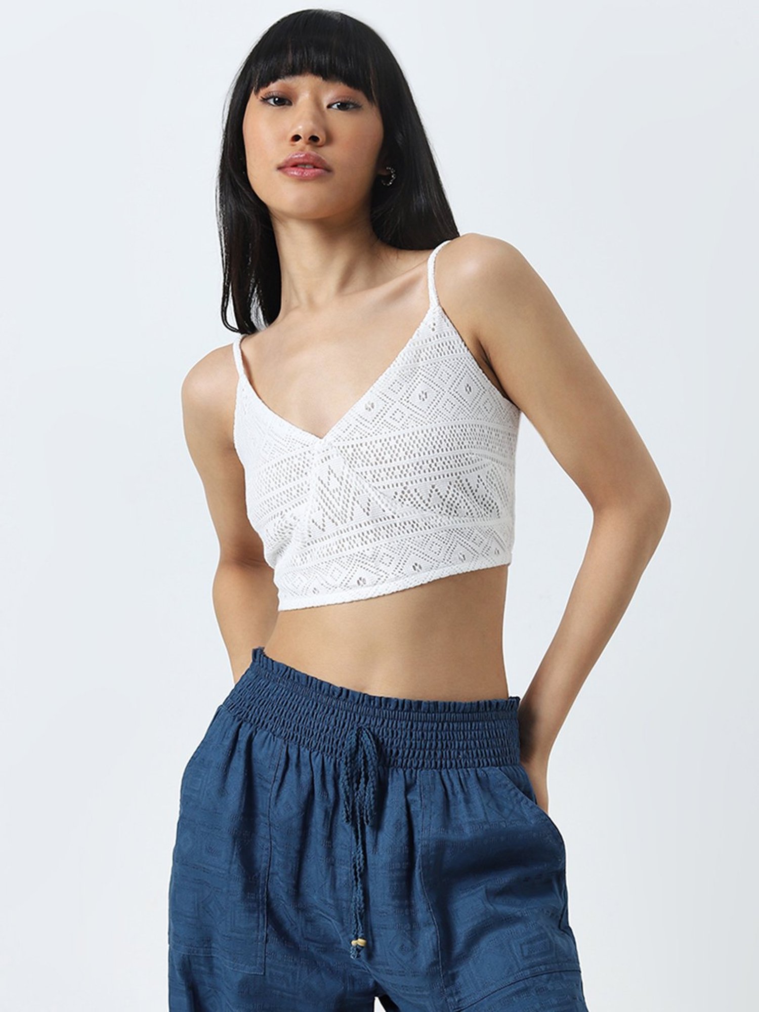 Bombay Paisley by Westside White Knit-Textured Crop Top