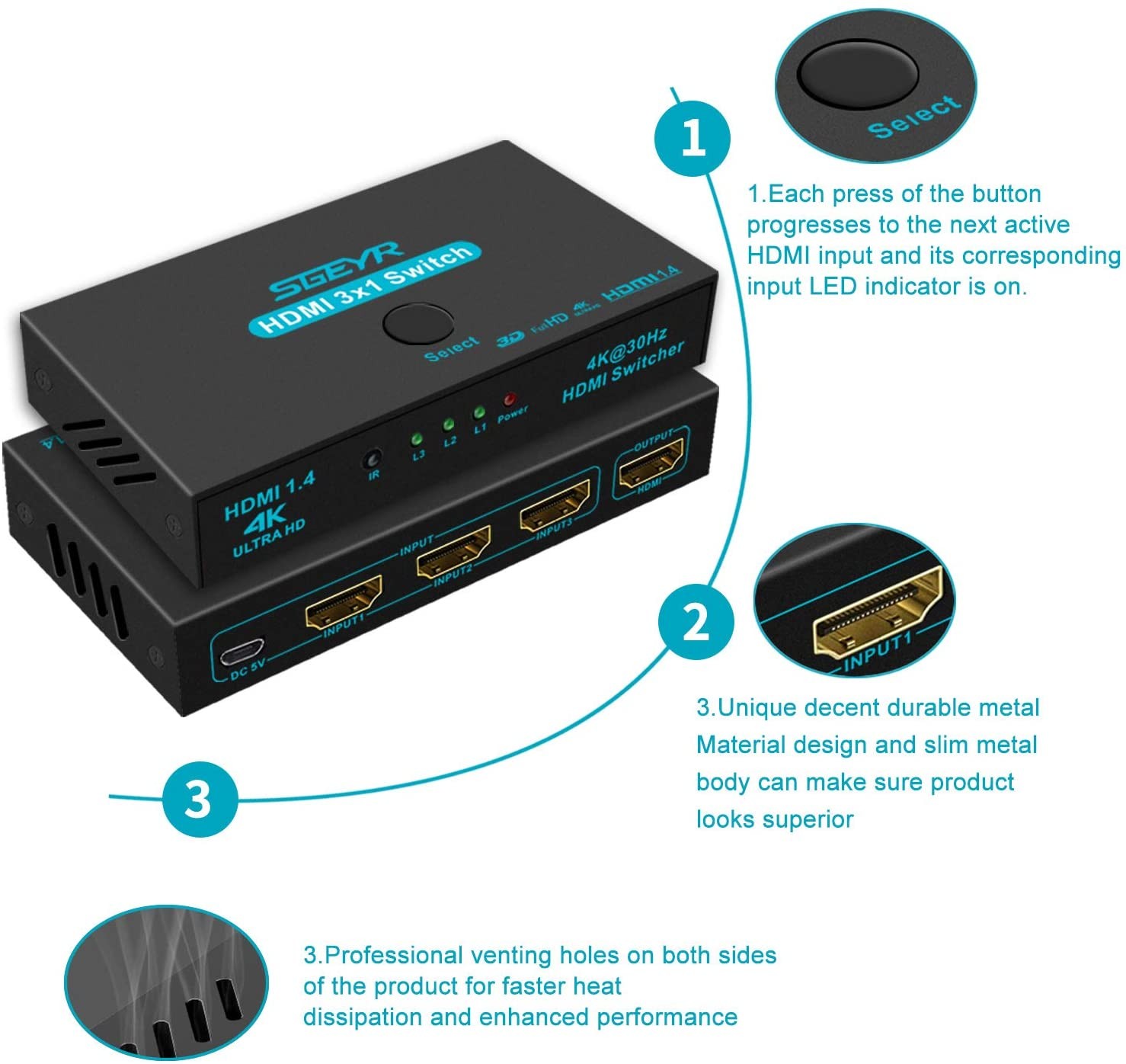 HDMI Switches, 3 Port HDMI Switcher 3 in 1 Out Metal HDMI Switcher Selector 3x1 with IR Remote Control HDMI Selector Box HDMI 1.4 HDCP 1.4 Support 4K /30Hz Ultra HD 3D 2160P 1080P