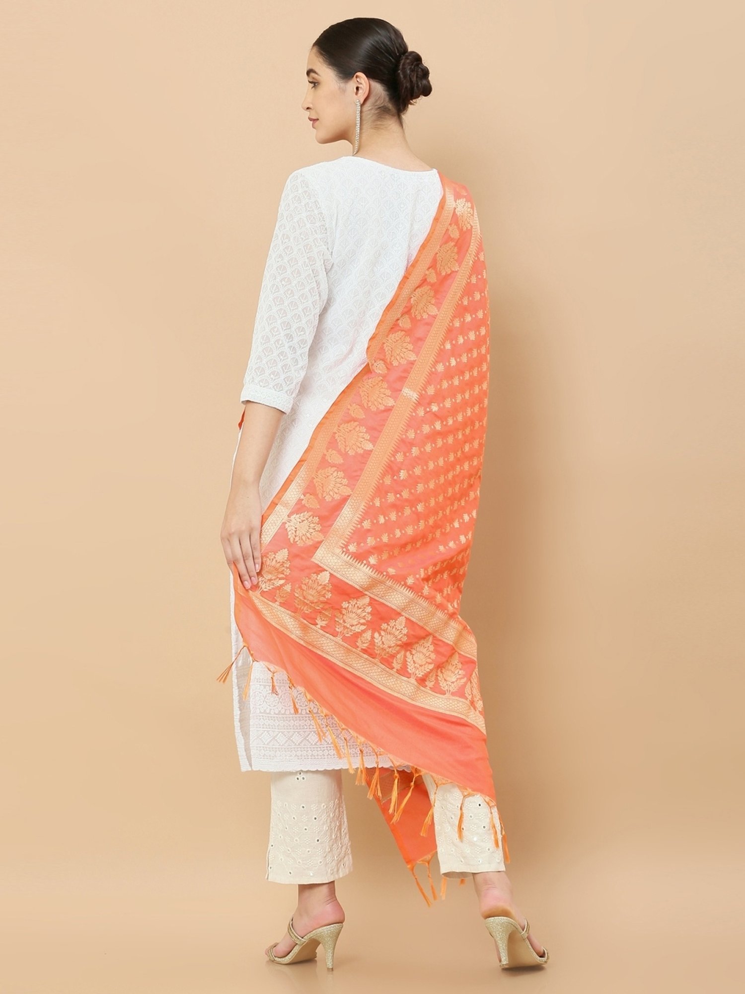Soch Peach Woven Pattern Dupatta
