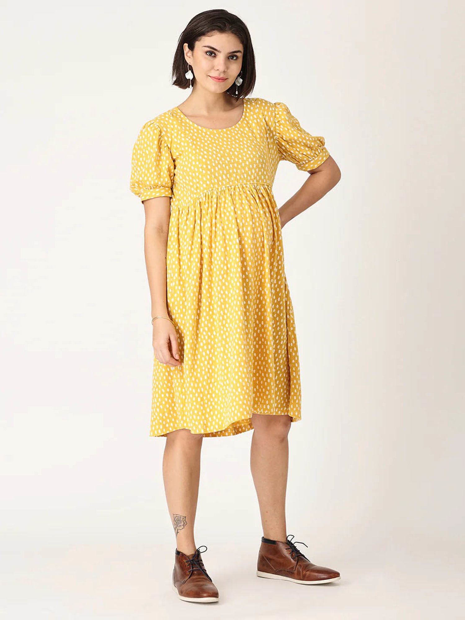 The Mom Store Yellow & White Cotton Printed Maternity & Nursing Dress
