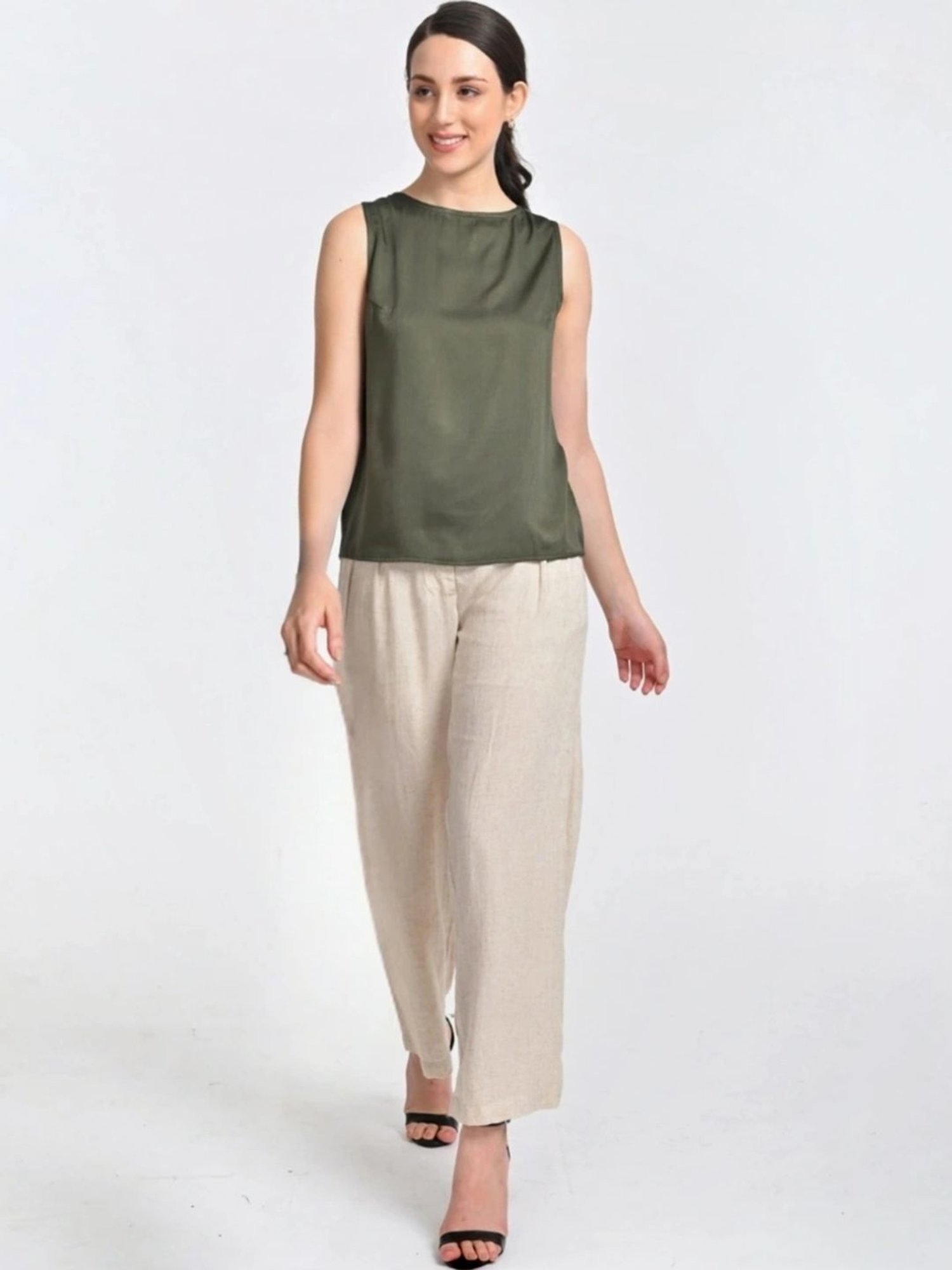Saltpetre Olive Shell Top With Beige Trouser Co-ords Set