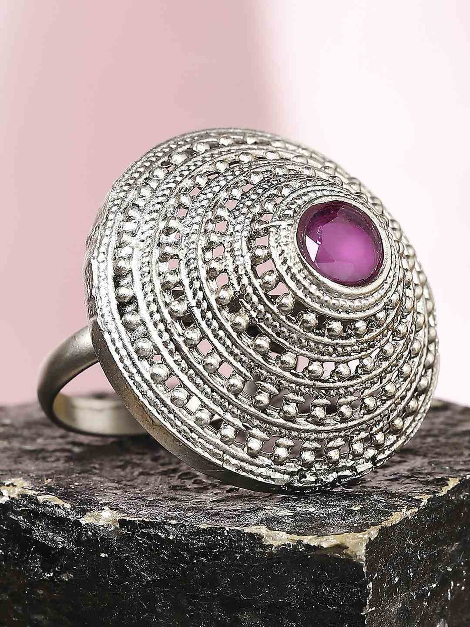 OOMPH Oxidised Silver 3D Design Tribal & Afghan Adjustable Finger Ring